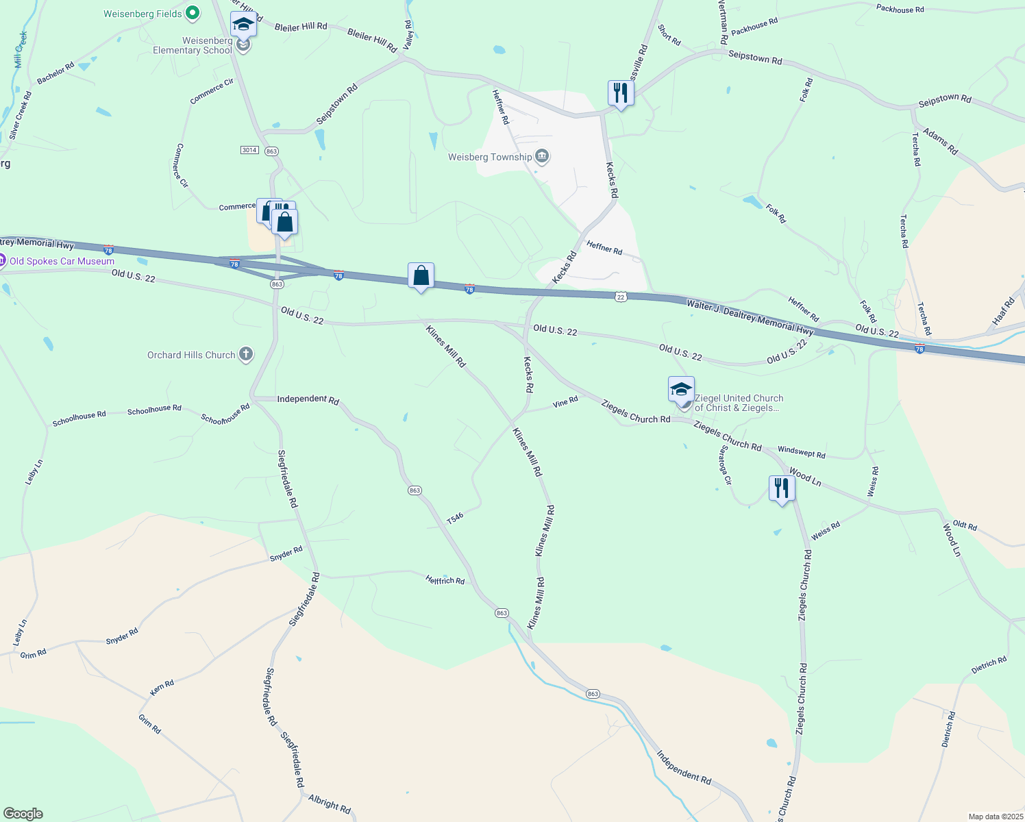 map of restaurants, bars, coffee shops, grocery stores, and more near 1710 Kecks Rd in Breinigsville
