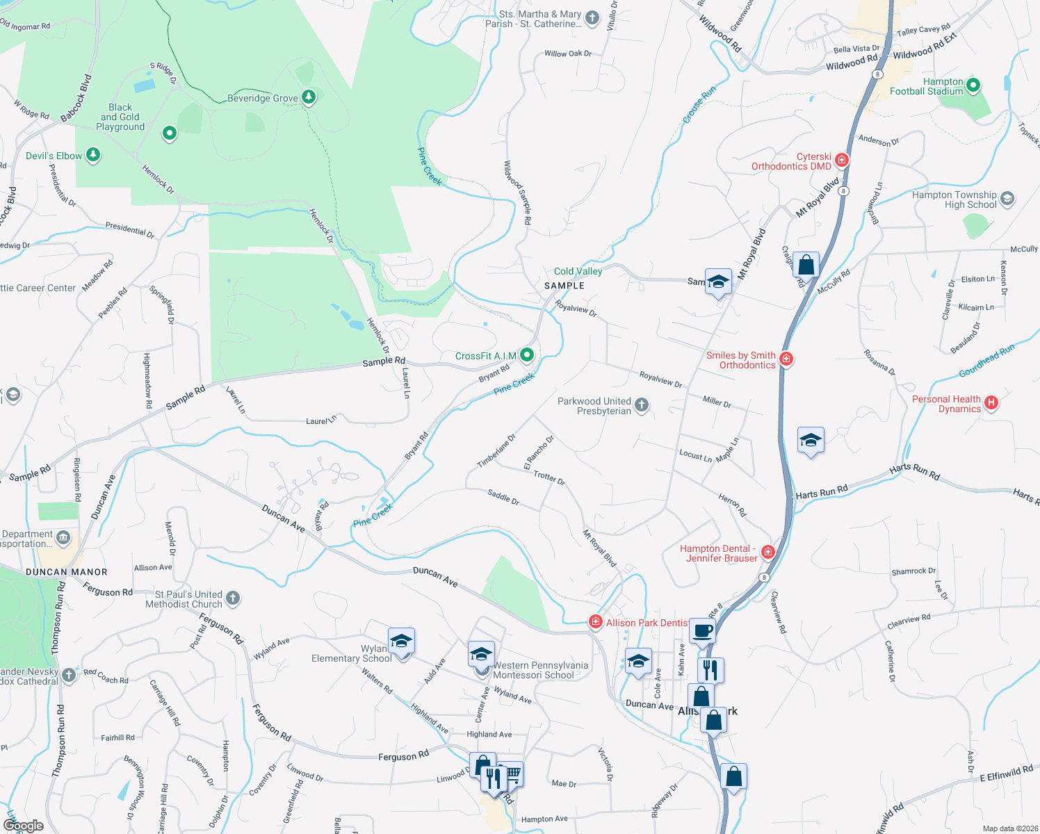 map of restaurants, bars, coffee shops, grocery stores, and more near 4203 Timberlane Dr in Hampton Township