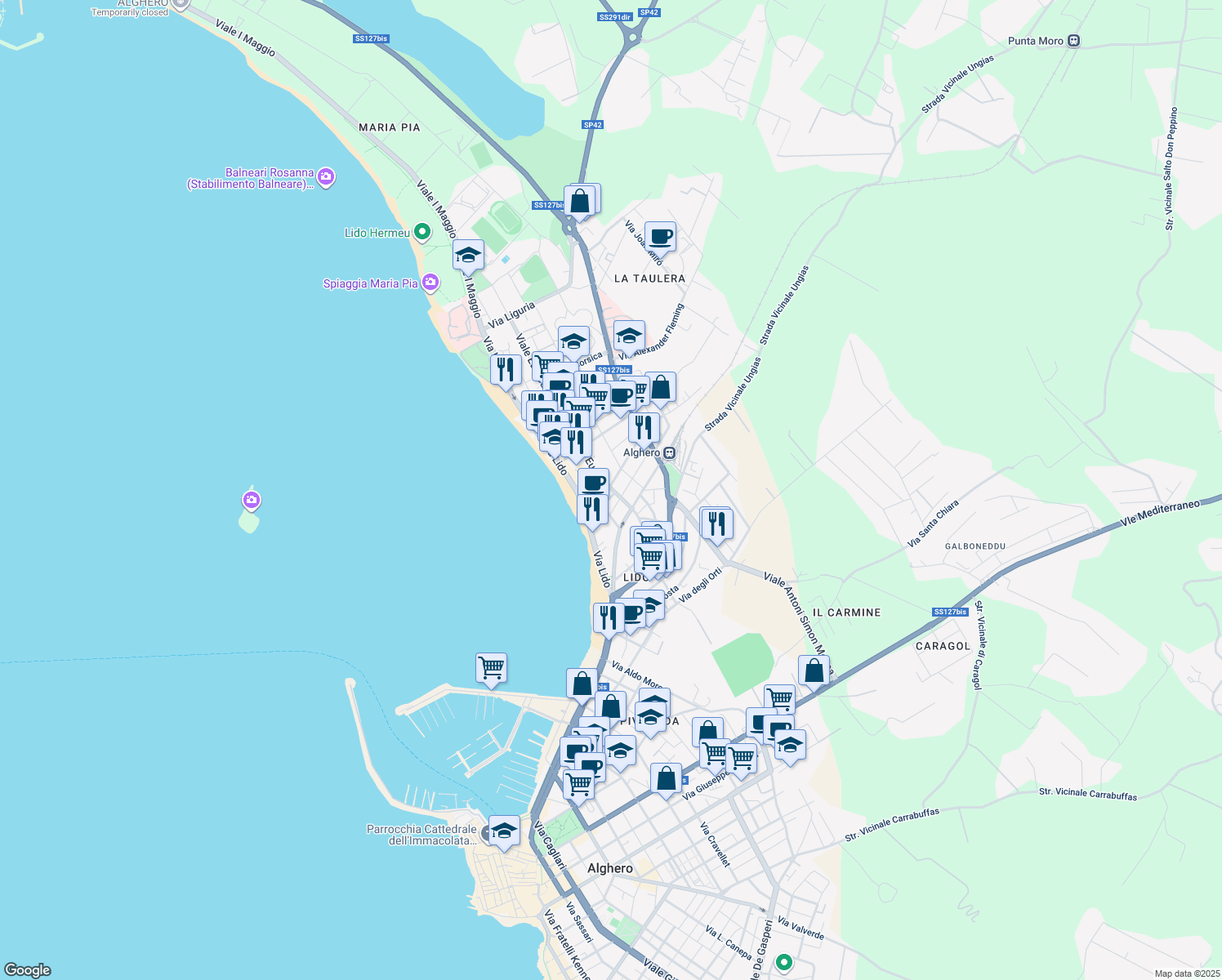 map of restaurants, bars, coffee shops, grocery stores, and more near 14 Viale Europa in Alghero