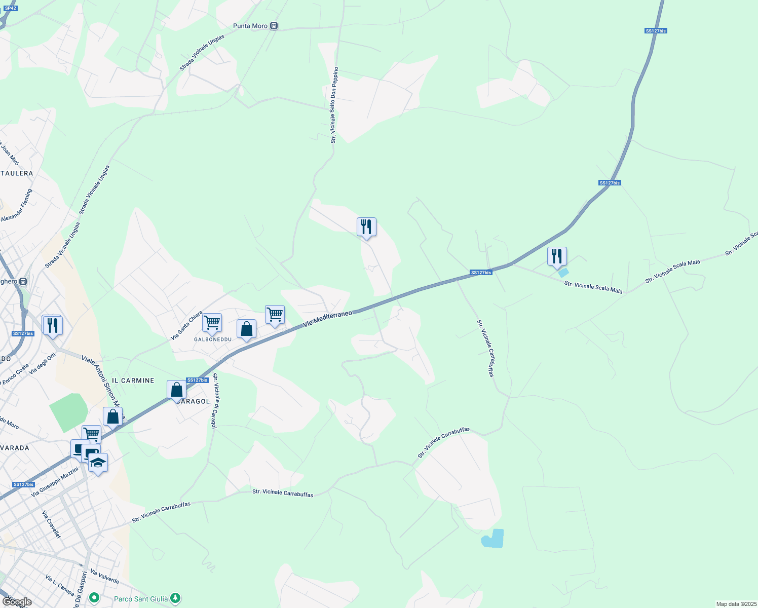 map of restaurants, bars, coffee shops, grocery stores, and more near 30 SS127 in Provincia di Sassari