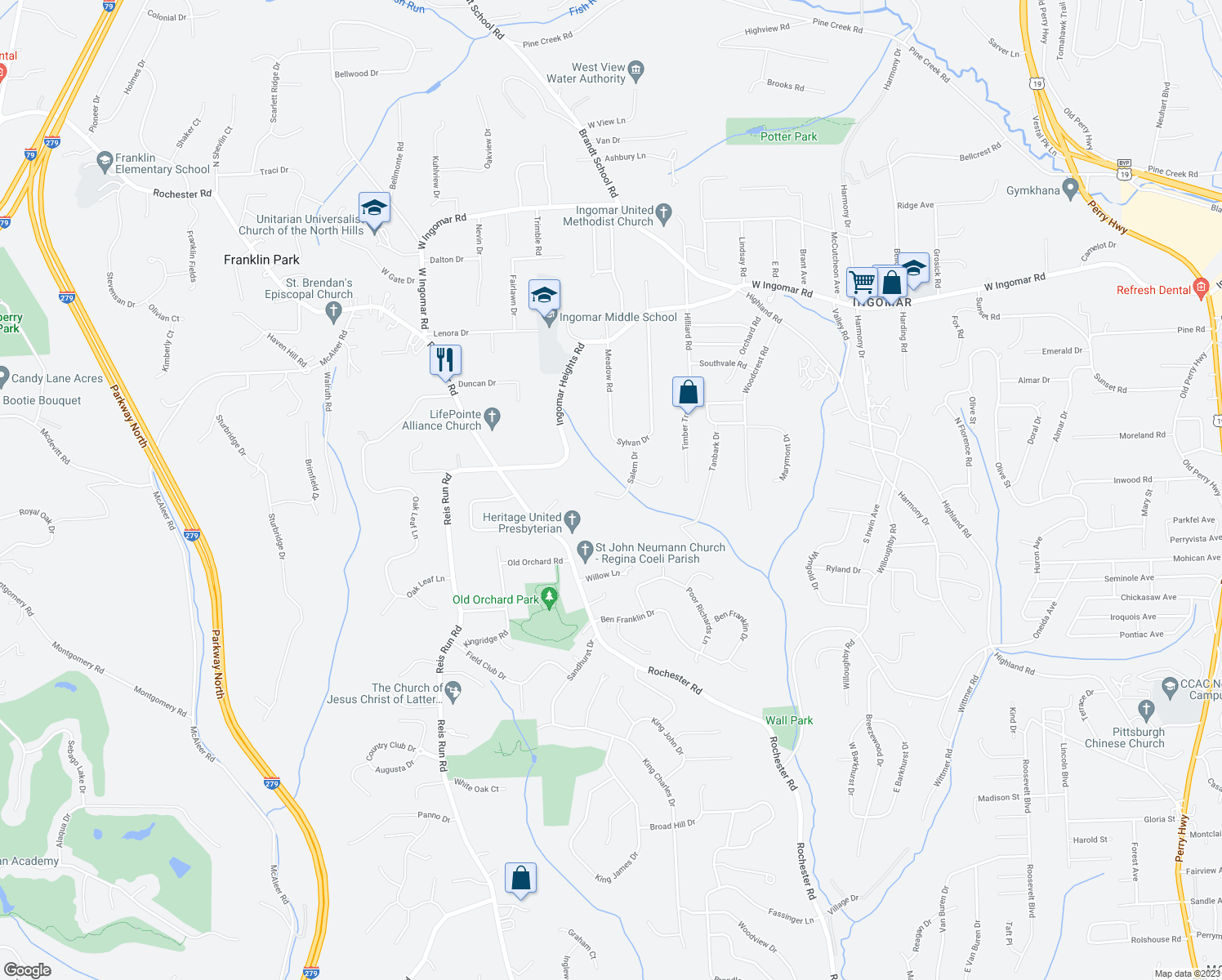 map of restaurants, bars, coffee shops, grocery stores, and more near 2300 Salem Drive in Pittsburgh