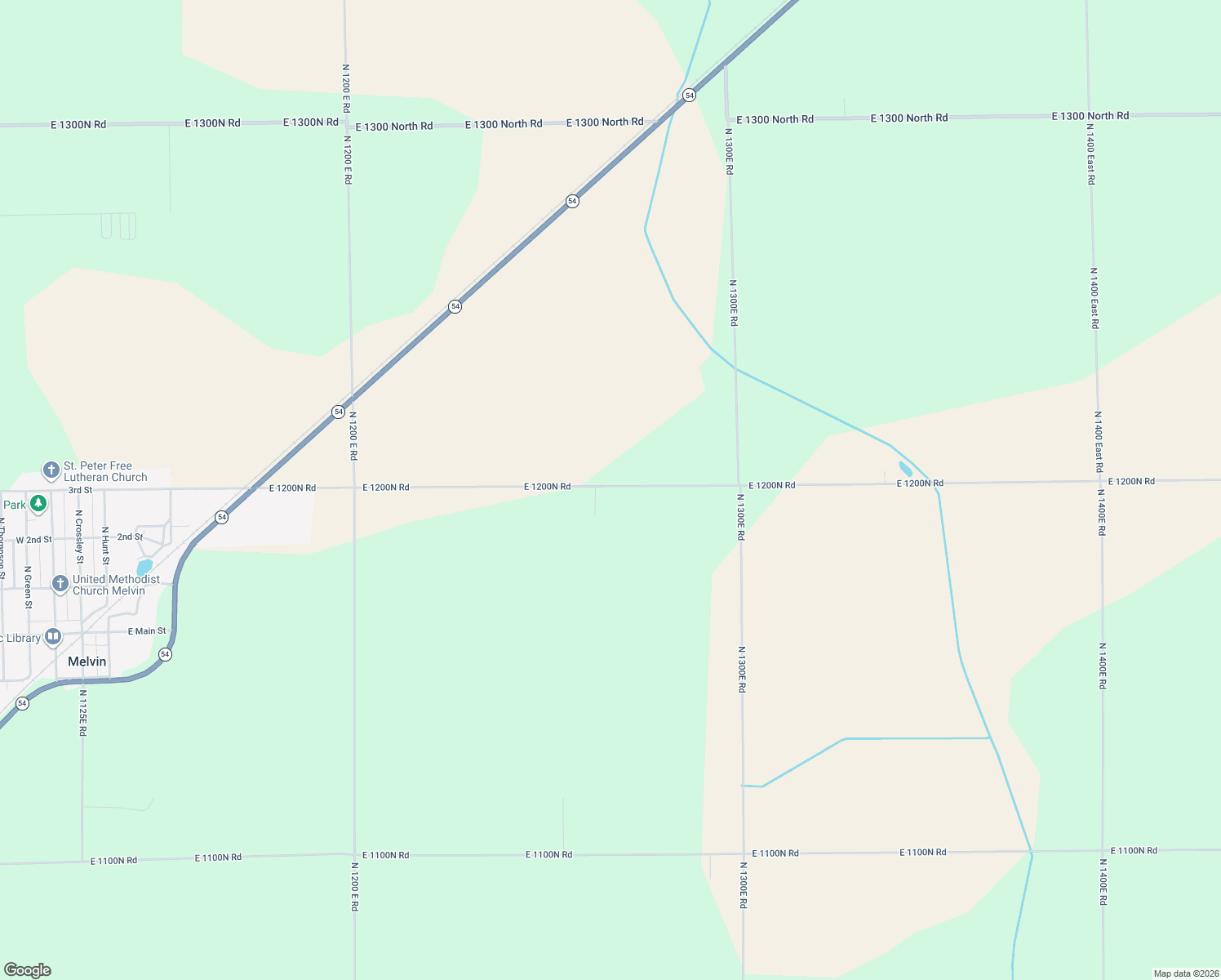 map of restaurants, bars, coffee shops, grocery stores, and more near 1267 East 1200N Road in Melvin