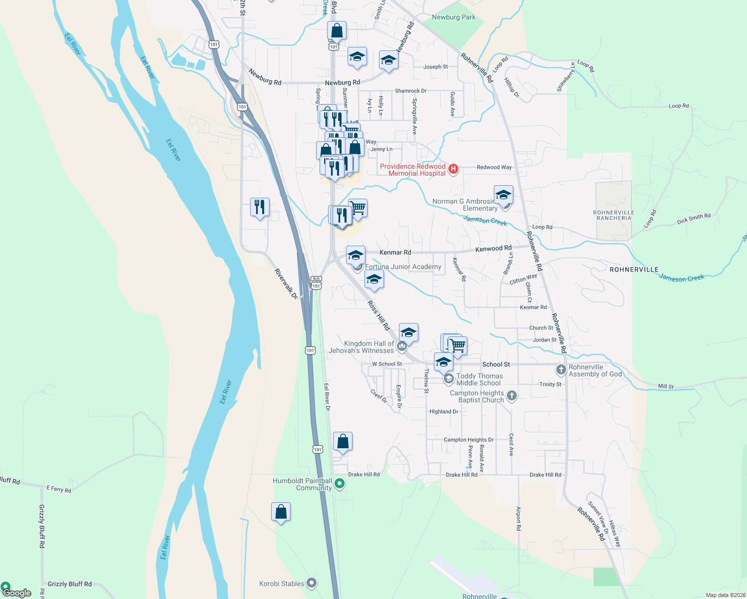 map of restaurants, bars, coffee shops, grocery stores, and more near 1274 Ross Hill Road in Fortuna