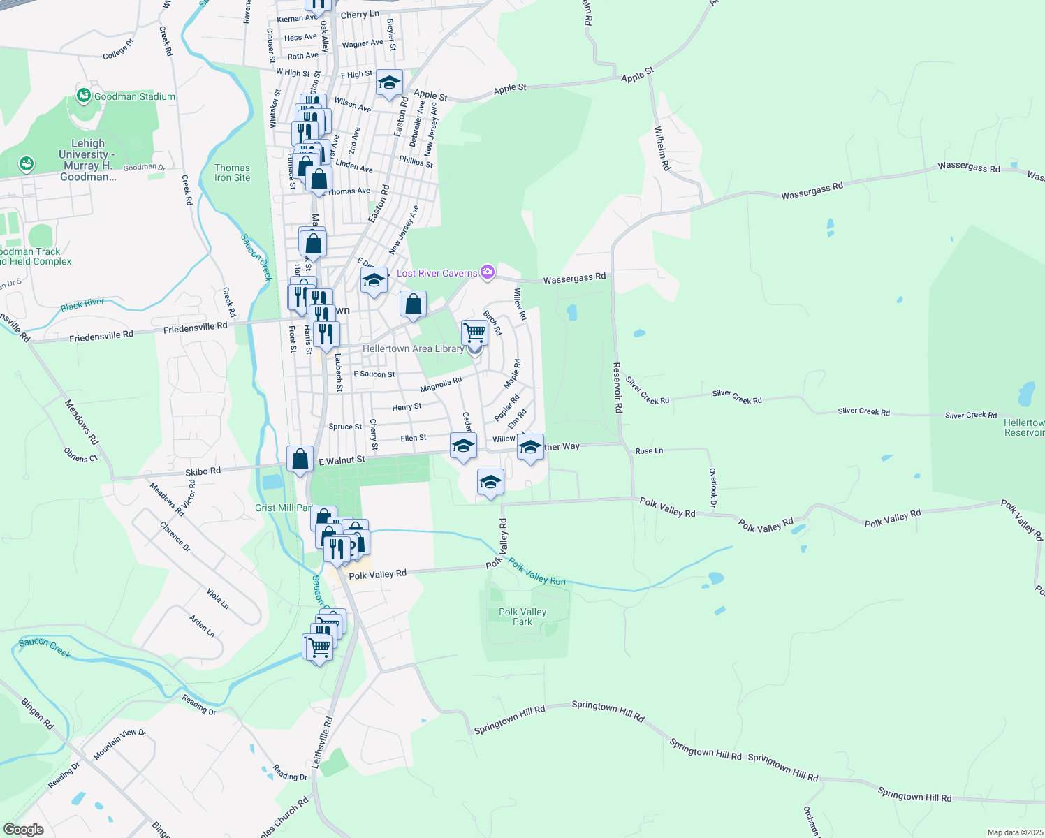 map of restaurants, bars, coffee shops, grocery stores, and more near 868 Elm Road in Hellertown