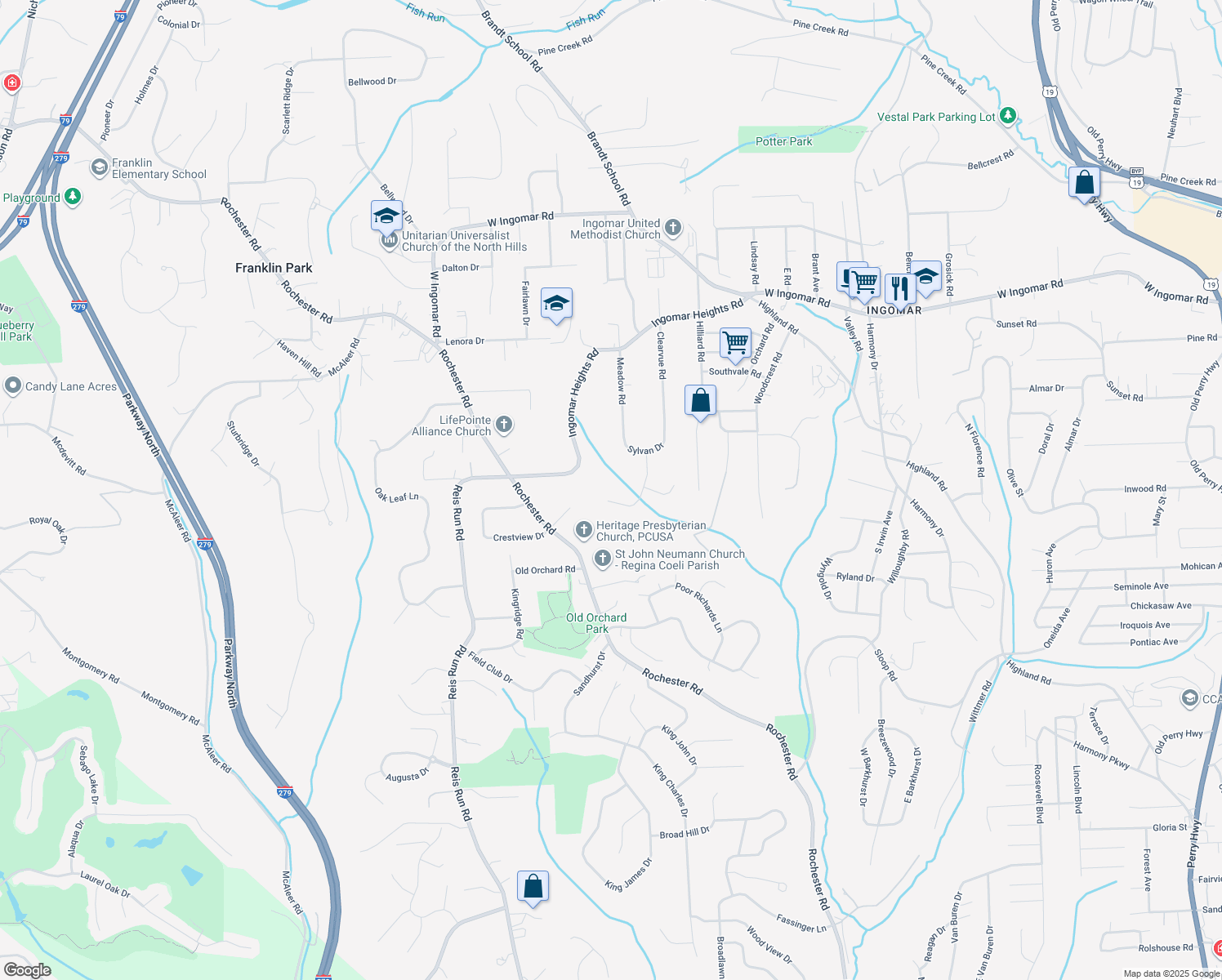 map of restaurants, bars, coffee shops, grocery stores, and more near 2304 Salem Drive in Pittsburgh