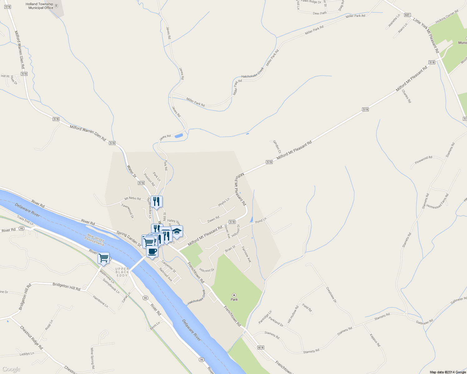 map of restaurants, bars, coffee shops, grocery stores, and more near 377 Milford Mount Pleasant Road in Milford