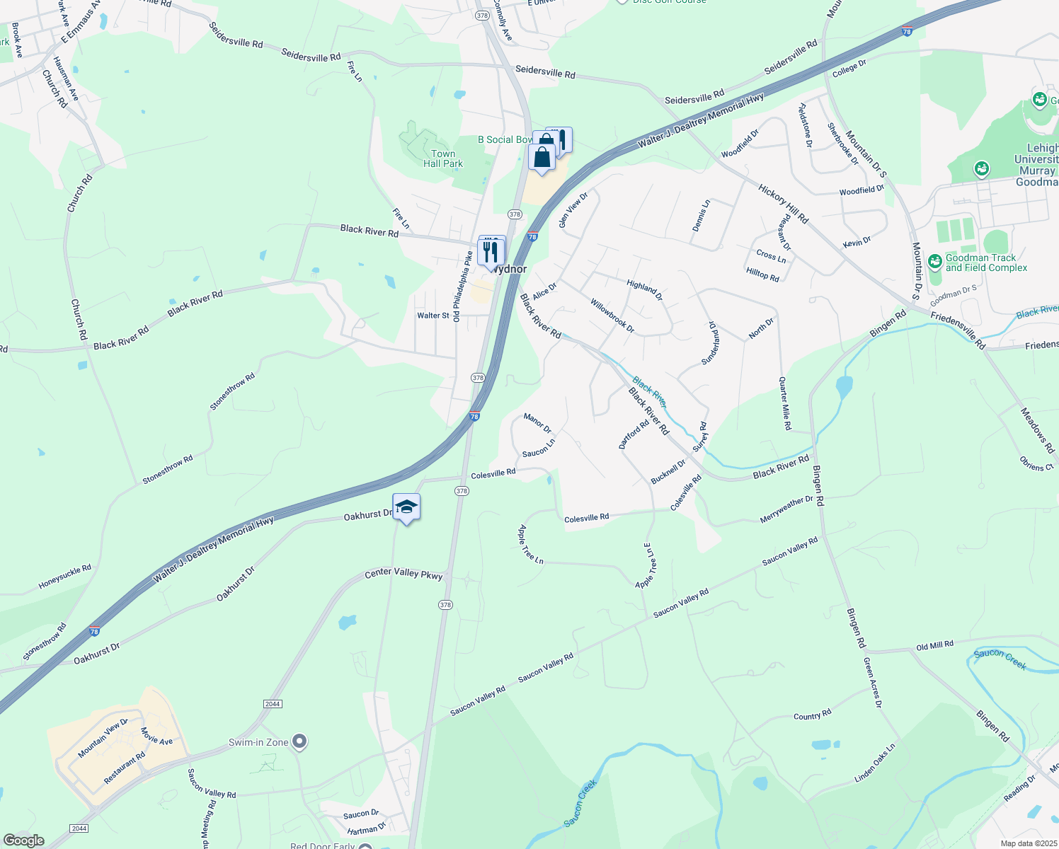 map of restaurants, bars, coffee shops, grocery stores, and more near 1456 Manor Dr in Bethlehem