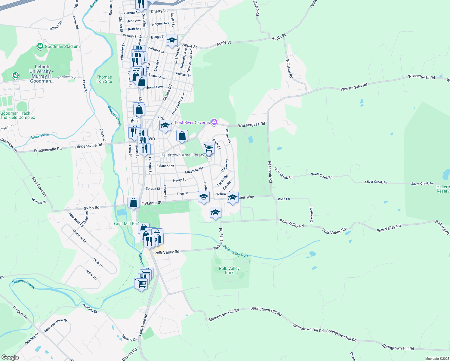 map of restaurants, bars, coffee shops, grocery stores, and more near 850 Poplar Road in Hellertown