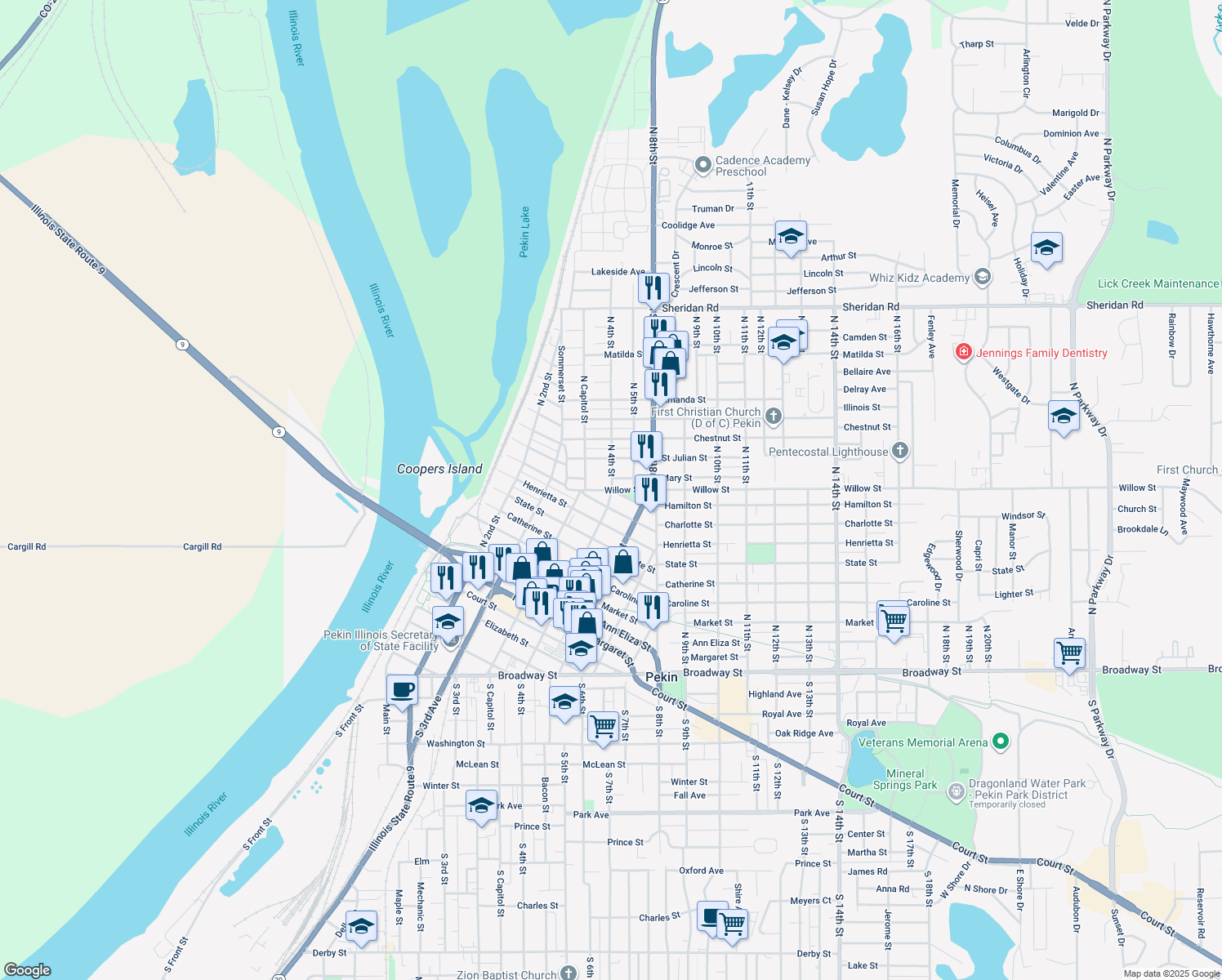 map of restaurants, bars, coffee shops, grocery stores, and more near 404 Willow Street in Pekin