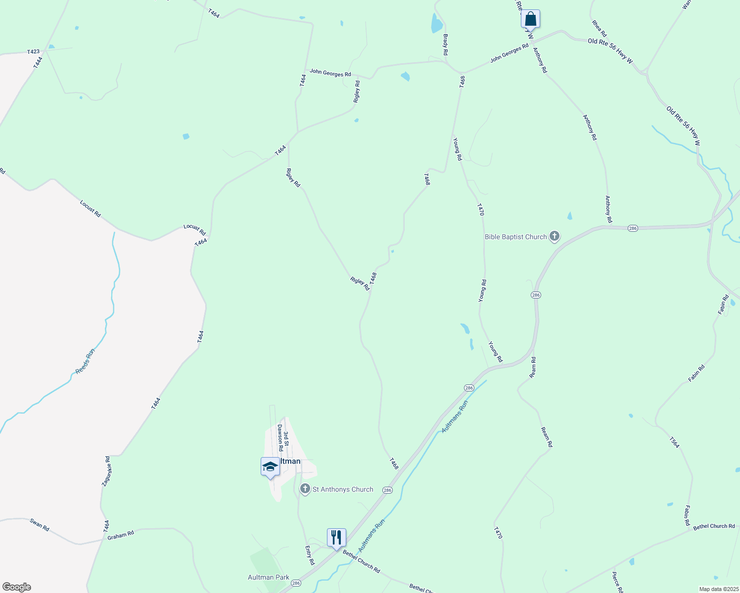 map of restaurants, bars, coffee shops, grocery stores, and more near T468 in Aultman