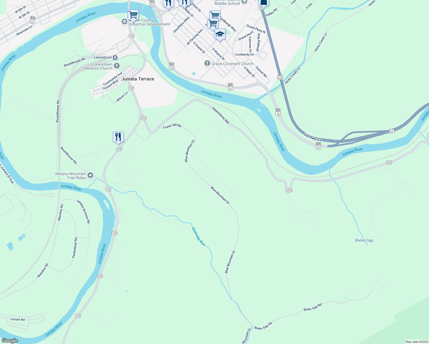 map of restaurants, bars, coffee shops, grocery stores, and more near 365 Tower Hill Road in Lewistown