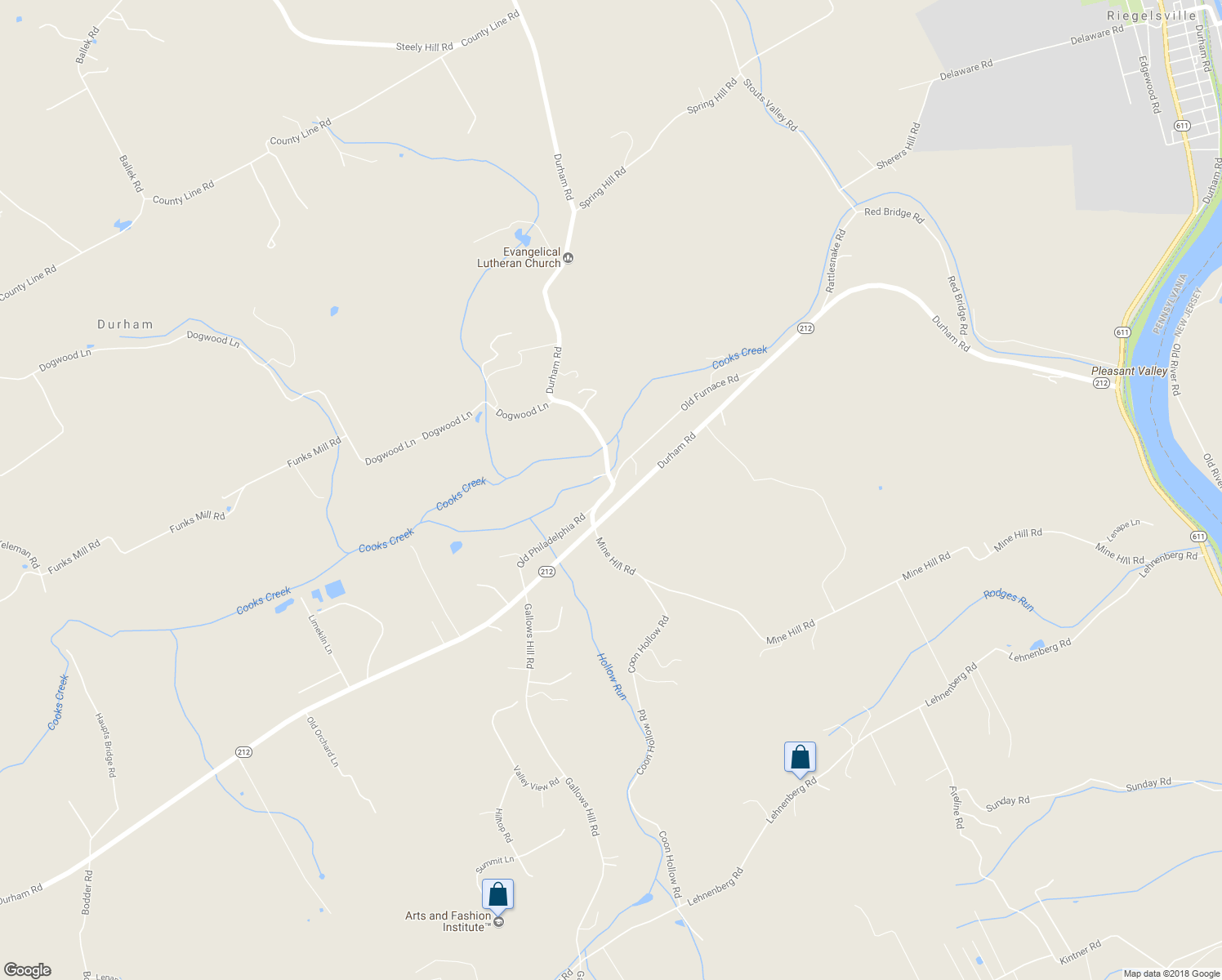 map of restaurants, bars, coffee shops, grocery stores, and more near 1011 Durham Road in Riegelsville