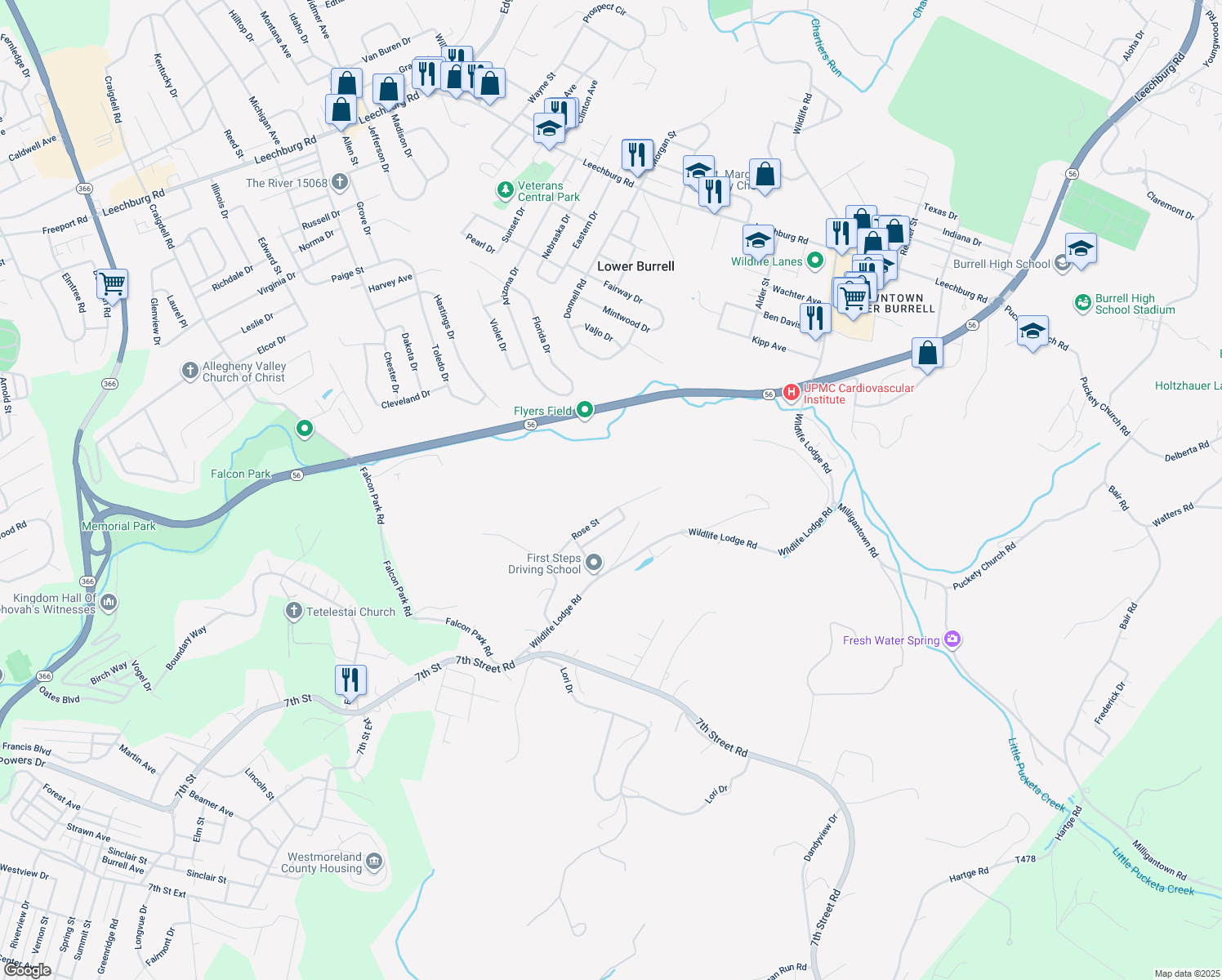 map of restaurants, bars, coffee shops, grocery stores, and more near 1760 Rose Street in New Kensington
