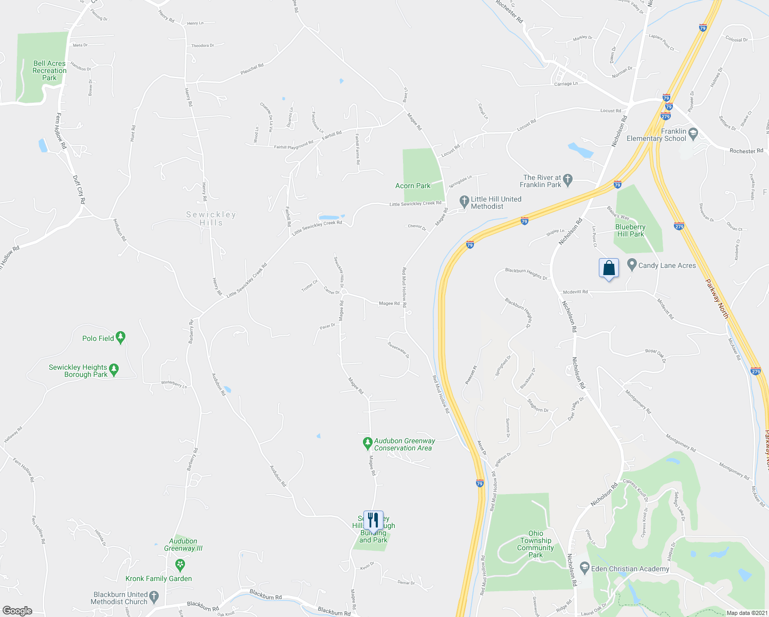 map of restaurants, bars, coffee shops, grocery stores, and more near 7 Harvester Court in Sewickley