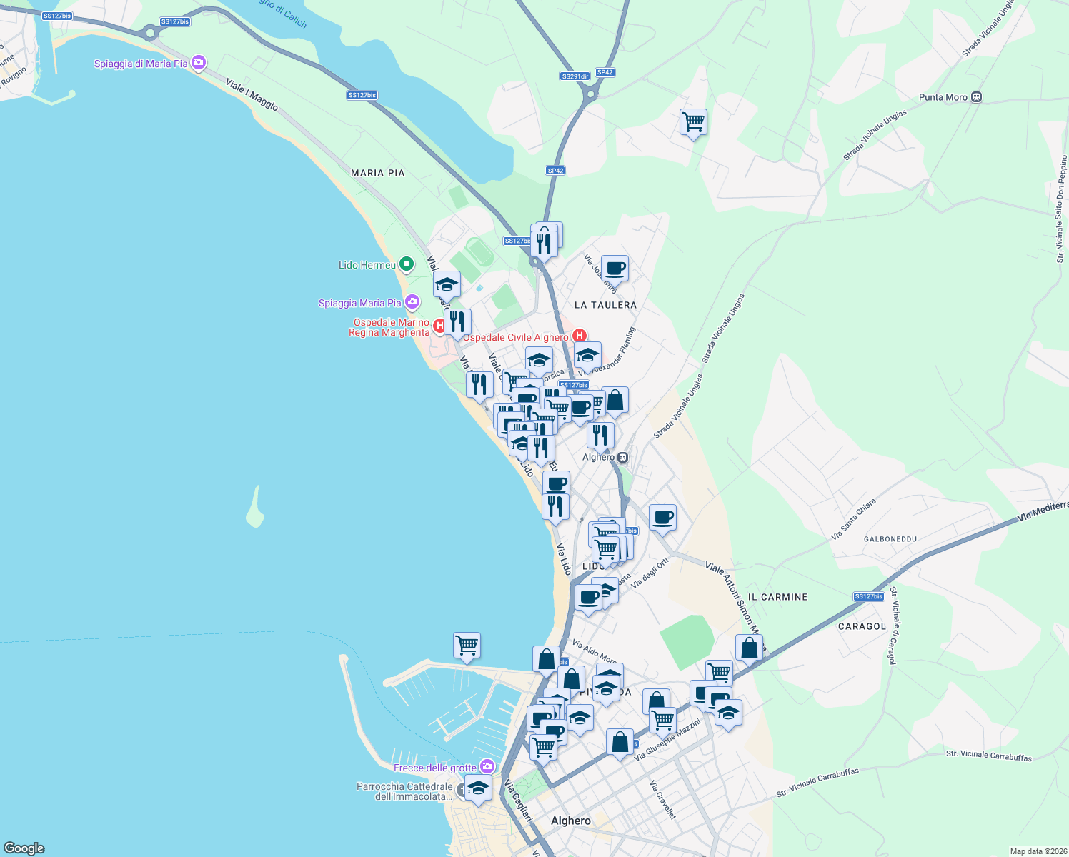 map of restaurants, bars, coffee shops, grocery stores, and more near 57 Viale Europa in Alghero