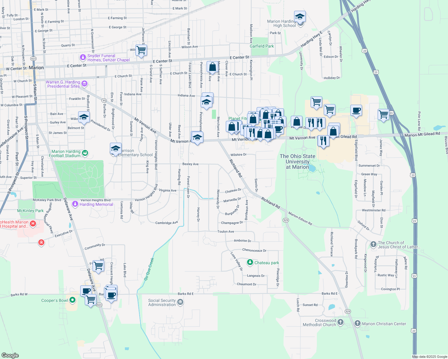 map of restaurants, bars, coffee shops, grocery stores, and more near 986 Normandy Circle in Marion