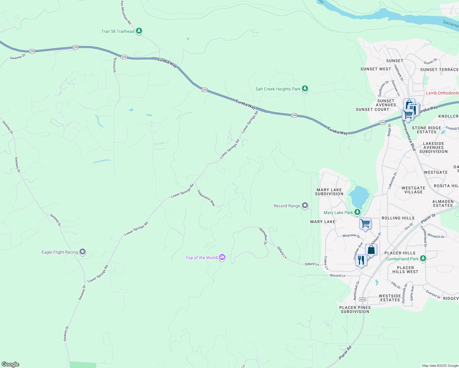 map of restaurants, bars, coffee shops, grocery stores, and more near 16495 Valparaiso Way in Redding