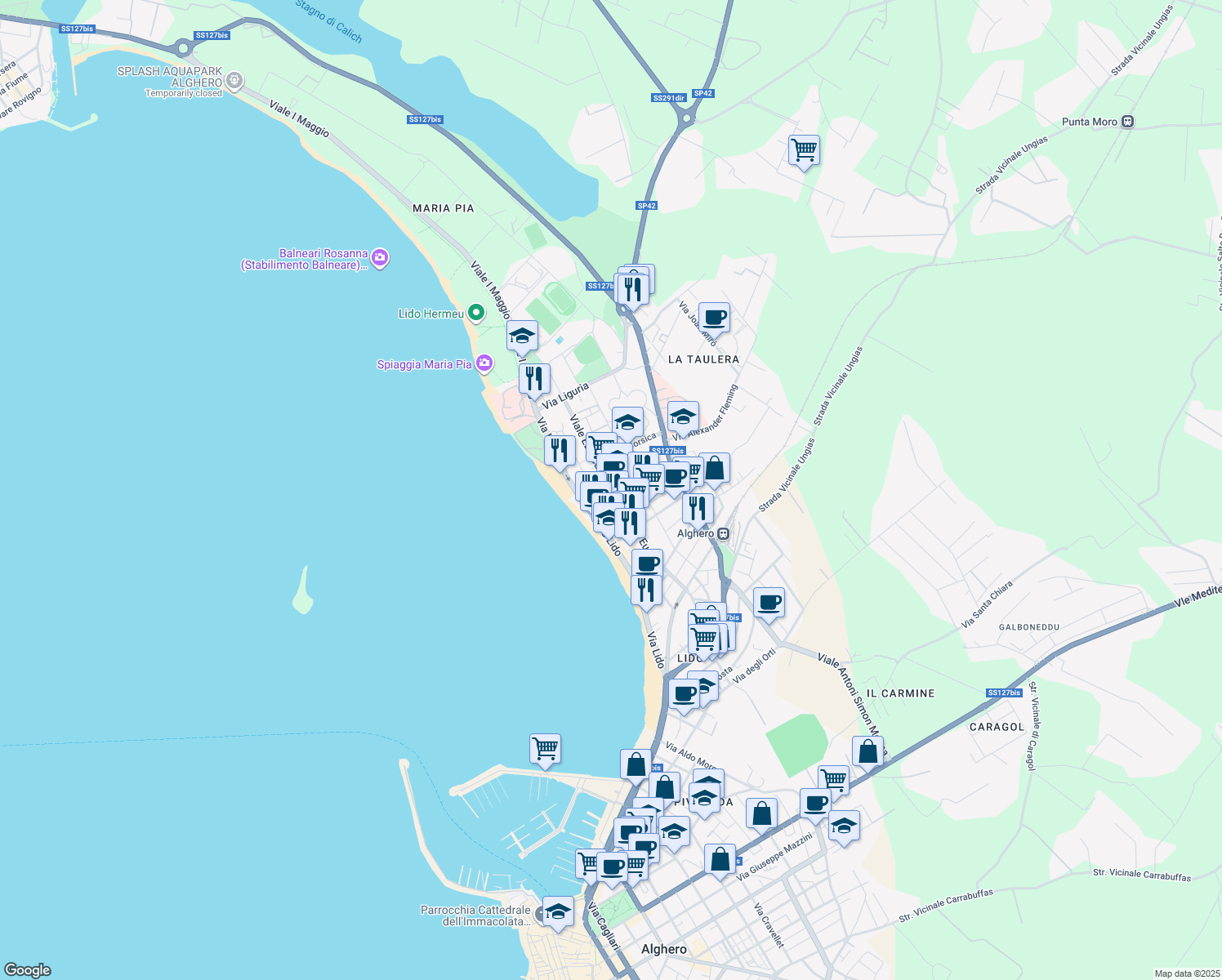map of restaurants, bars, coffee shops, grocery stores, and more near 73 Viale Europa in Alghero