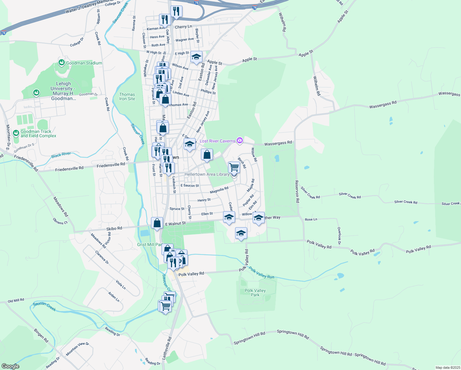 map of restaurants, bars, coffee shops, grocery stores, and more near 781 Magnolia Road in Hellertown