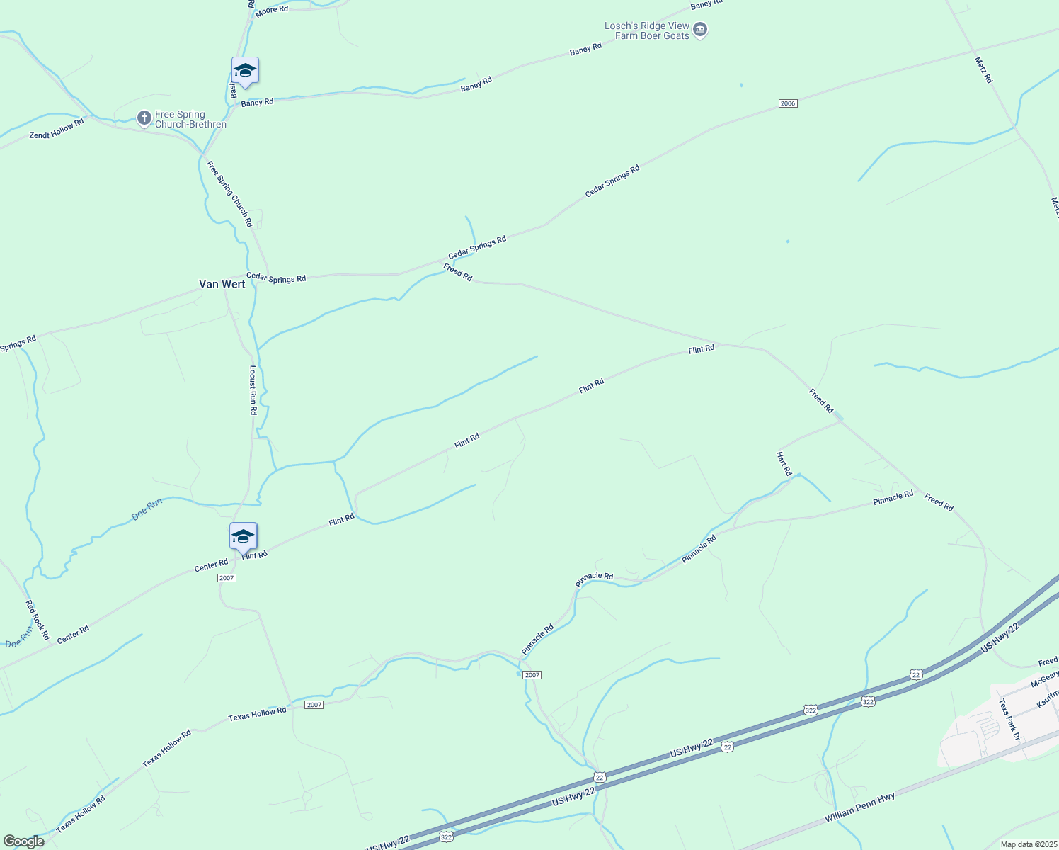 map of restaurants, bars, coffee shops, grocery stores, and more near 1054 Flint Road in Mifflintown