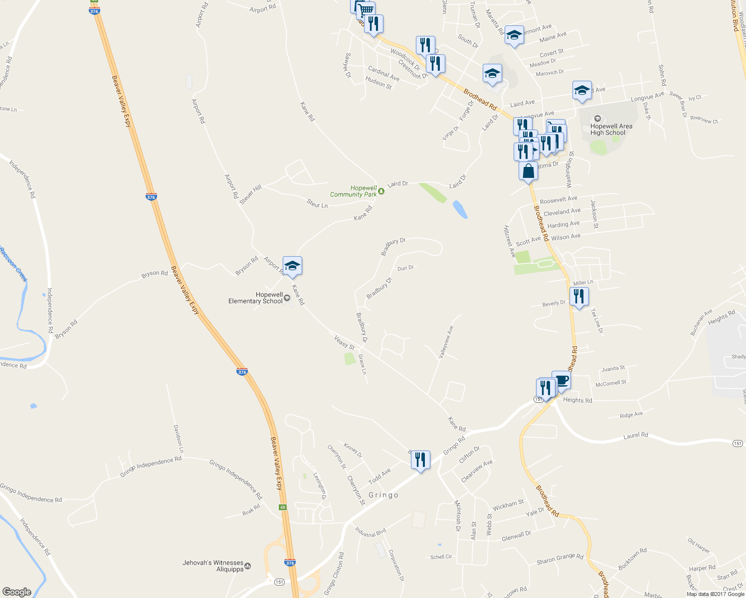 map of restaurants, bars, coffee shops, grocery stores, and more near 3291 Bradbury Drive in Aliquippa