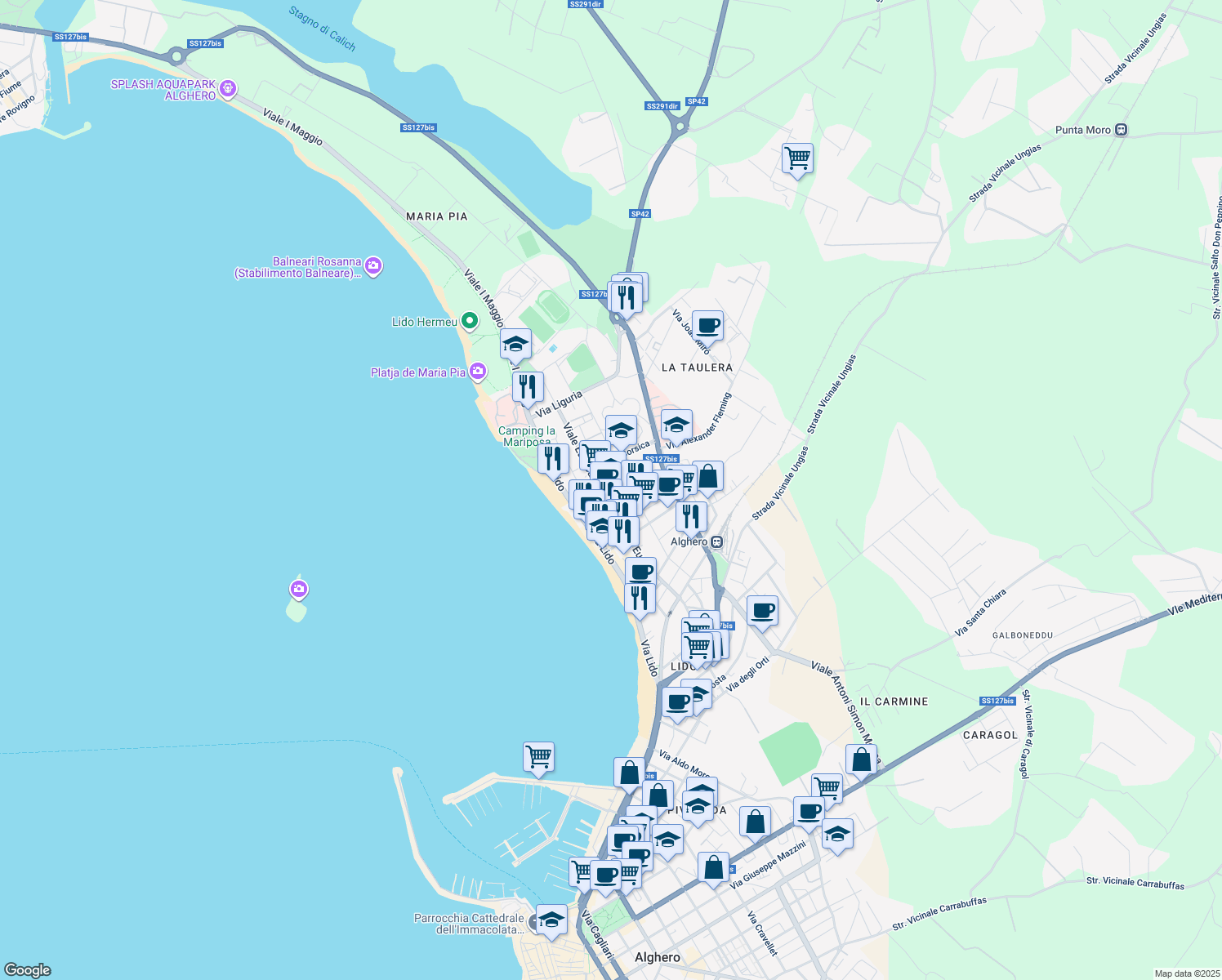 map of restaurants, bars, coffee shops, grocery stores, and more near 73 Viale Europa in Alghero