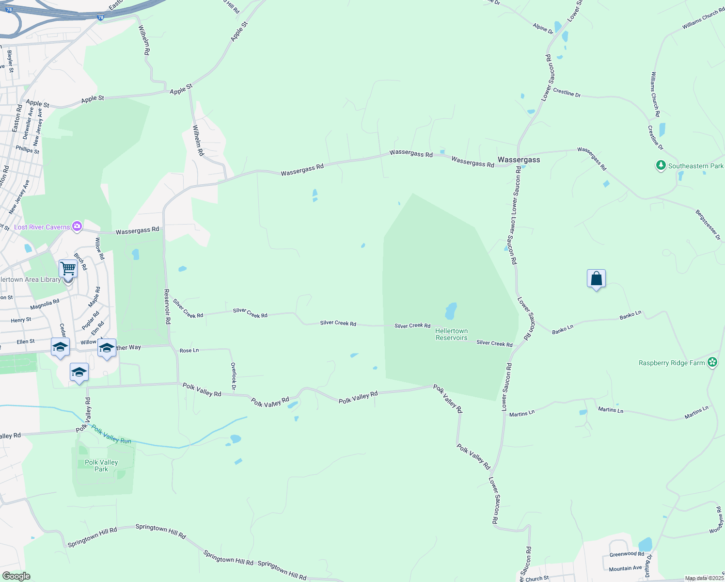 map of restaurants, bars, coffee shops, grocery stores, and more near 2347 Silver Creek Road in Hellertown