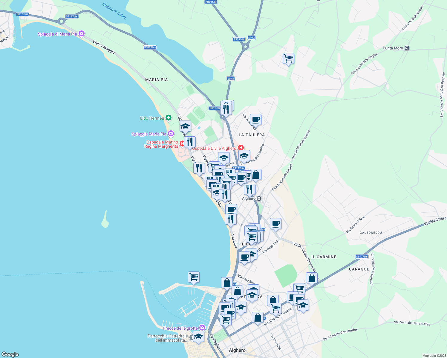 map of restaurants, bars, coffee shops, grocery stores, and more near 57 Viale Europa in Alghero