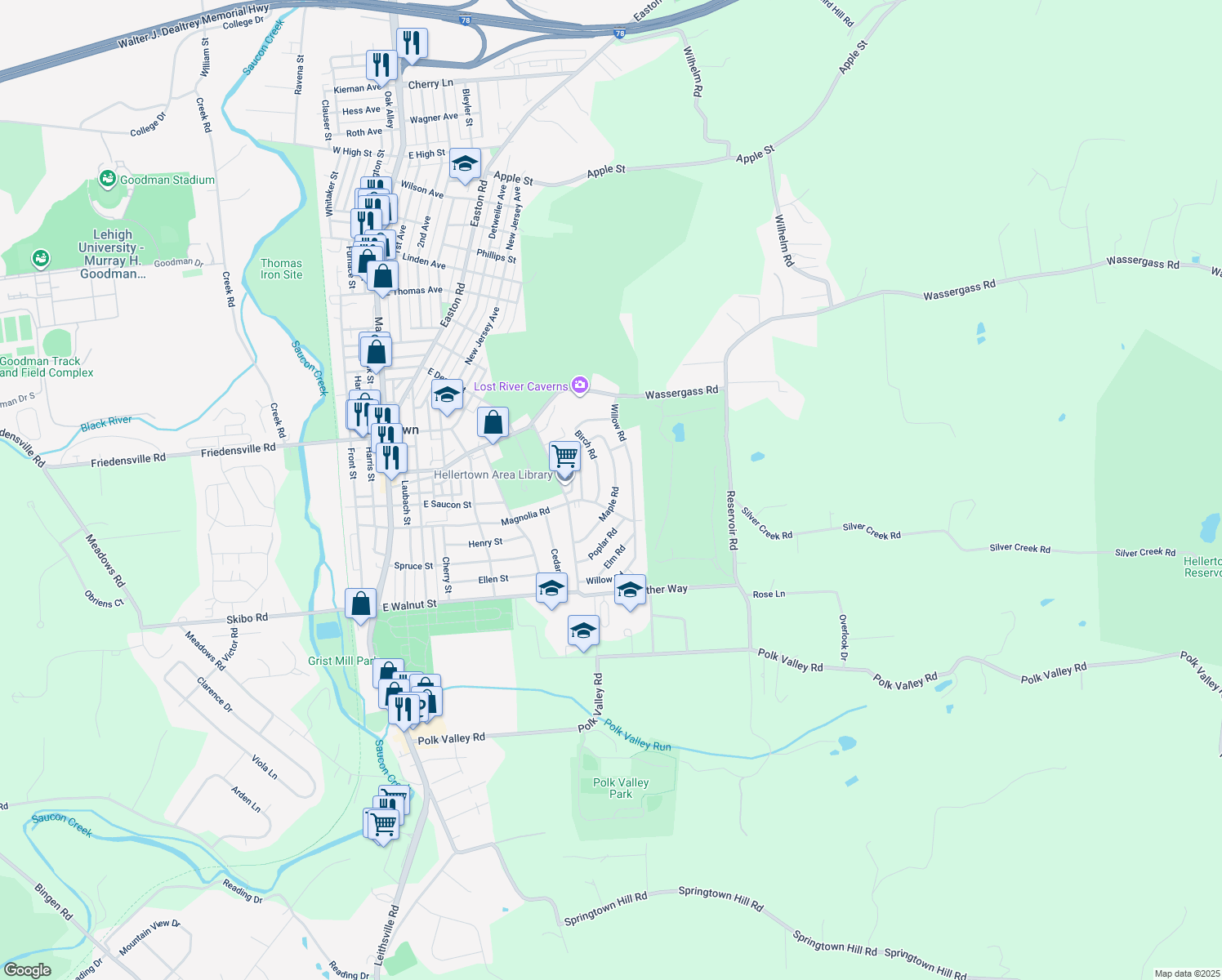 map of restaurants, bars, coffee shops, grocery stores, and more near 420 Maple Rd in Hellertown