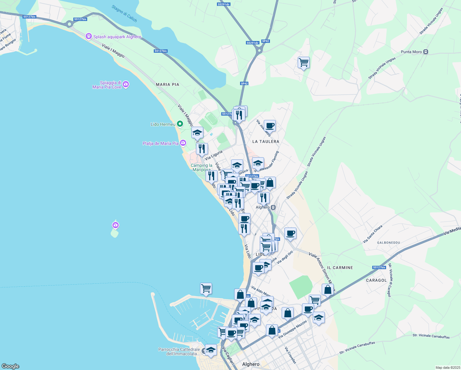 map of restaurants, bars, coffee shops, grocery stores, and more near 73 Viale Europa in Alghero