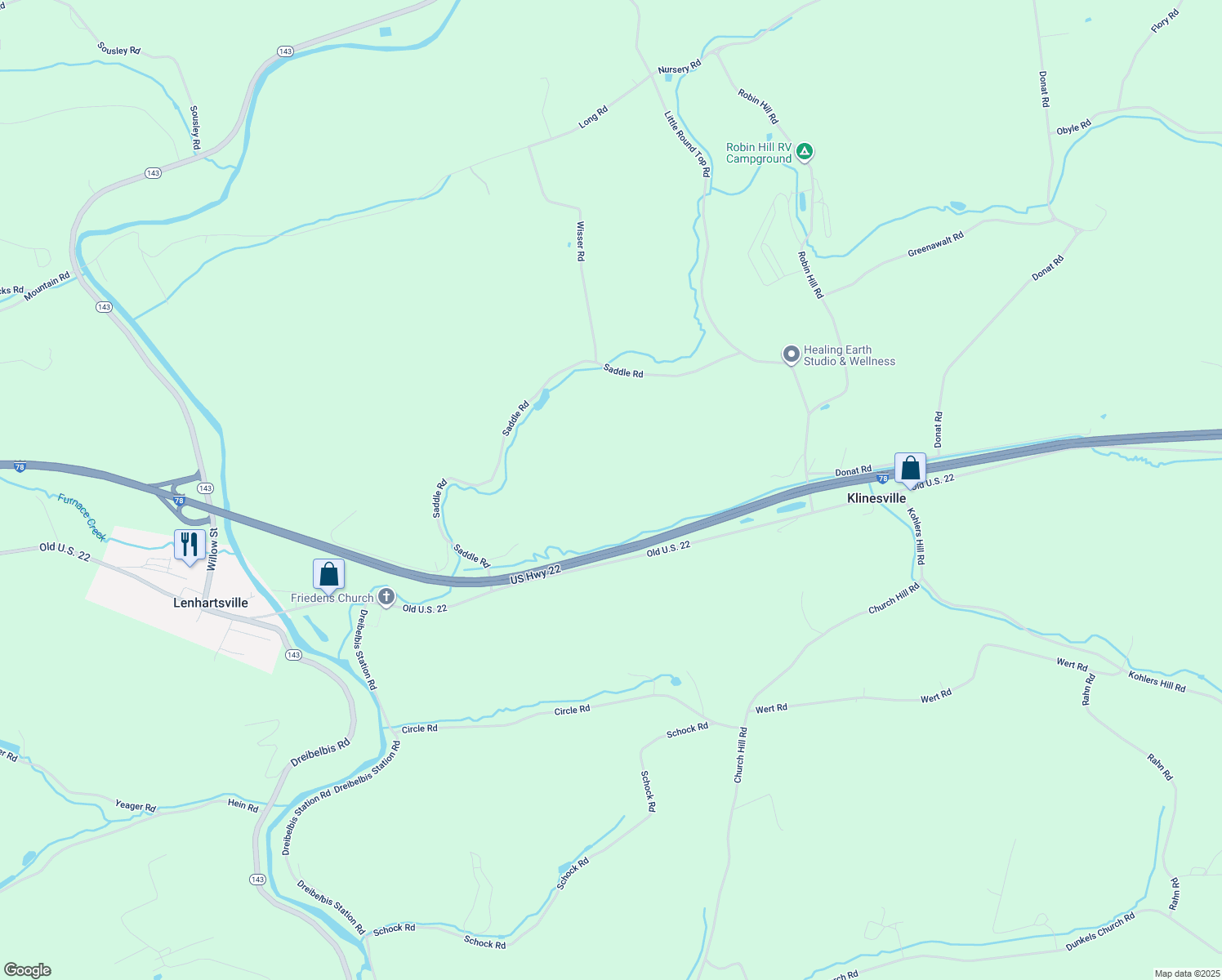 map of restaurants, bars, coffee shops, grocery stores, and more near 19 Featherhill Road in Lenhartsville