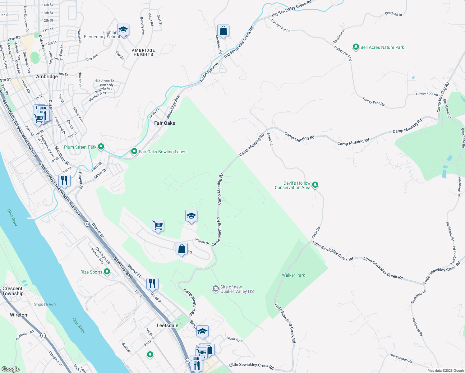 map of restaurants, bars, coffee shops, grocery stores, and more near 105 Woodham Road in Sewickley