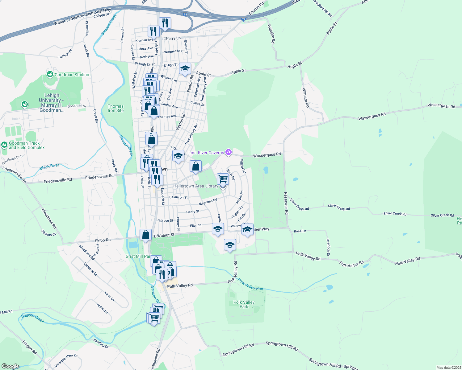 map of restaurants, bars, coffee shops, grocery stores, and more near 445 Locust Road in Hellertown