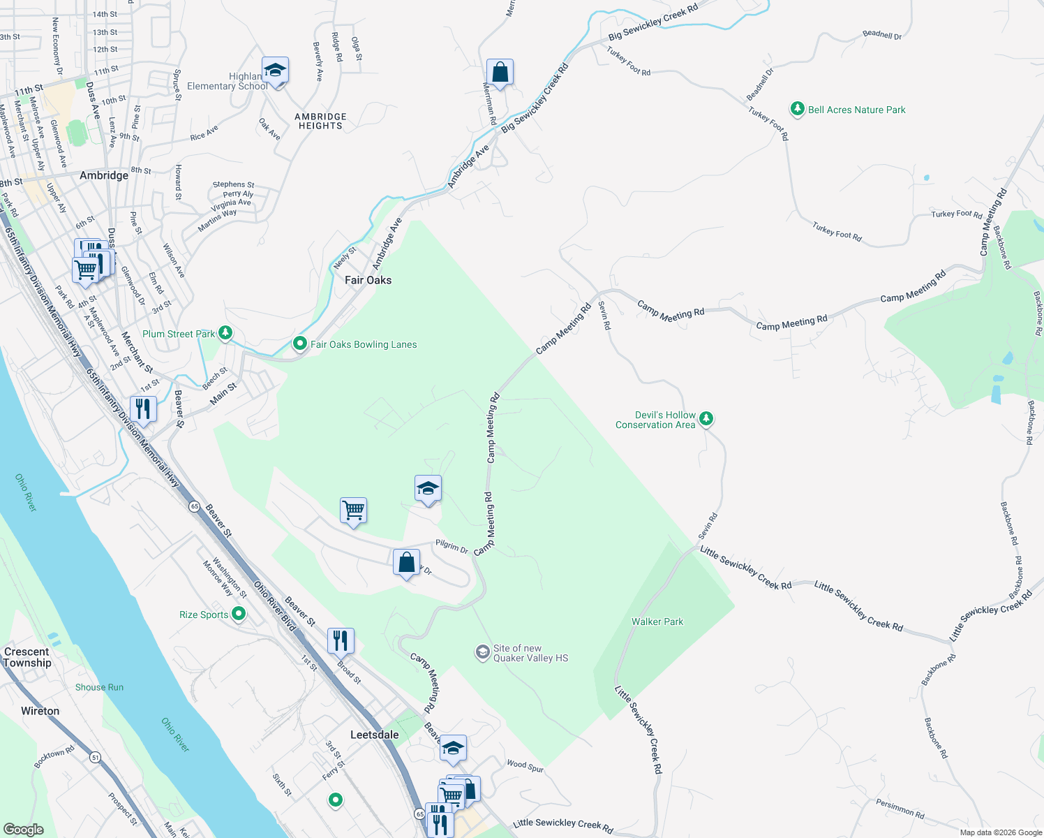 map of restaurants, bars, coffee shops, grocery stores, and more near 105 Woodham Road in Sewickley