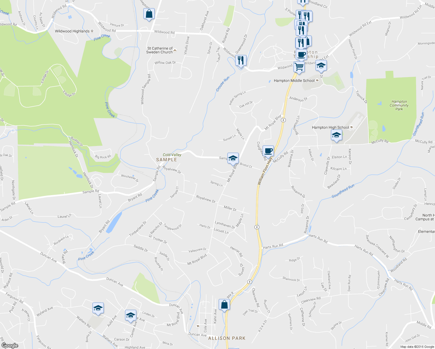 map of restaurants, bars, coffee shops, grocery stores, and more near 2620 Carriage House Dr in Hampton Township