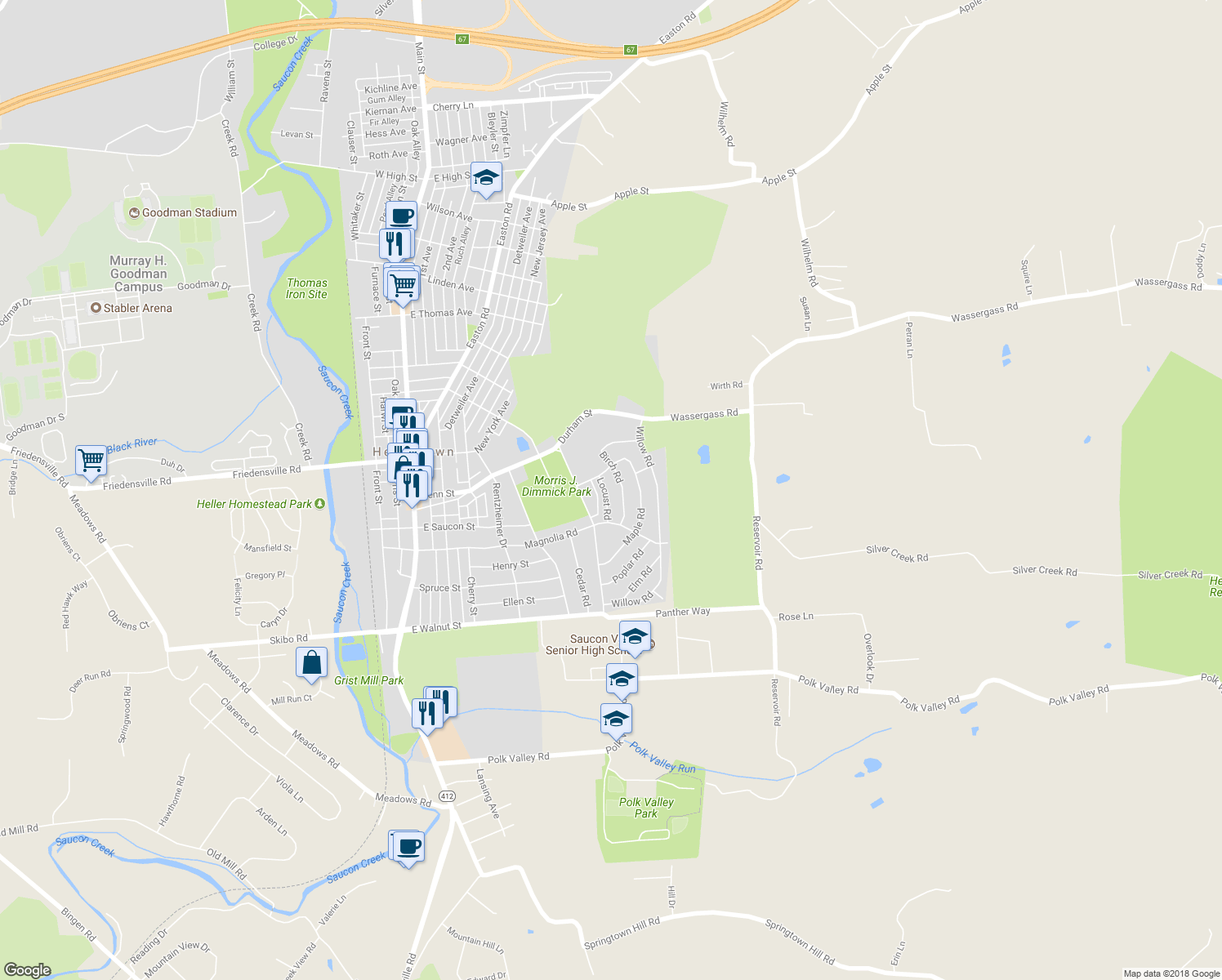 map of restaurants, bars, coffee shops, grocery stores, and more near 451 Locust Road in Hellertown