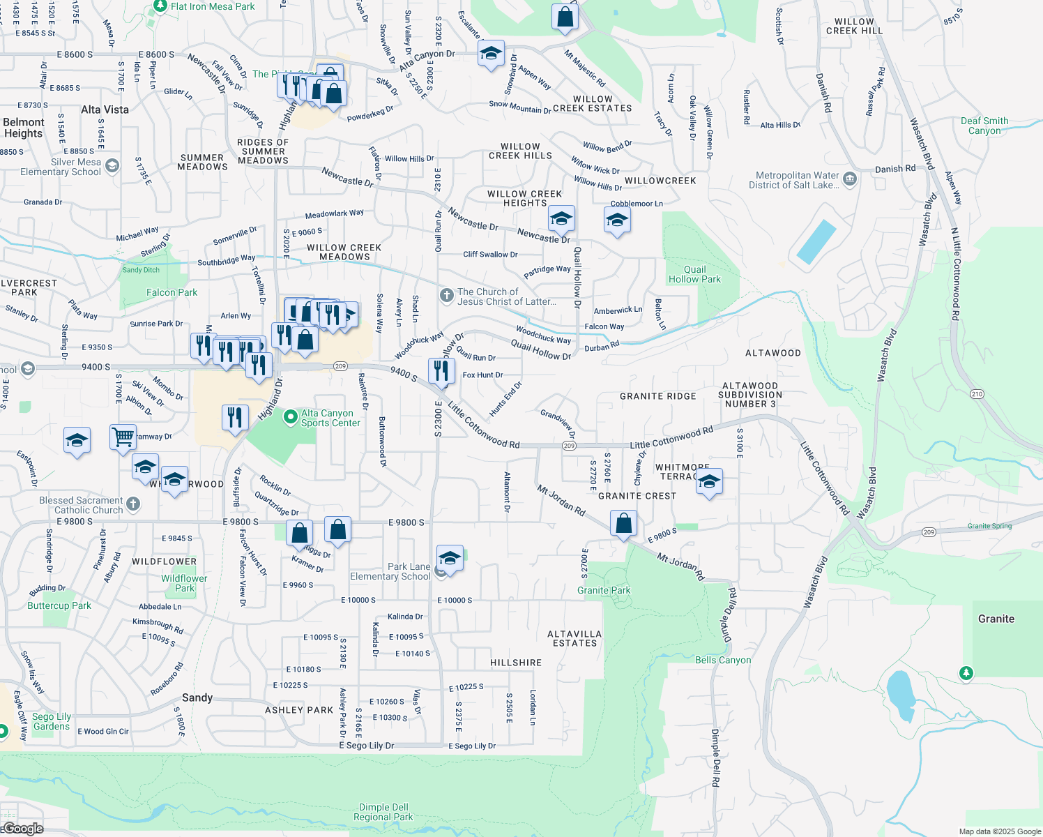 map of restaurants, bars, coffee shops, grocery stores, and more near 2534 Grand Point Cir in Sandy