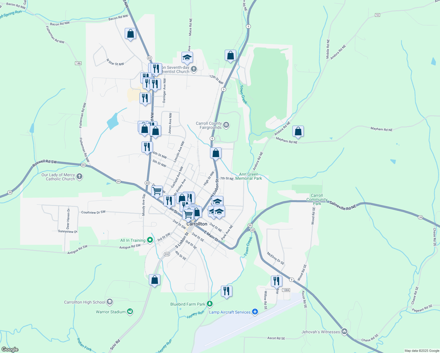 map of restaurants, bars, coffee shops, grocery stores, and more near 710 North Lisbon Street in Carrollton