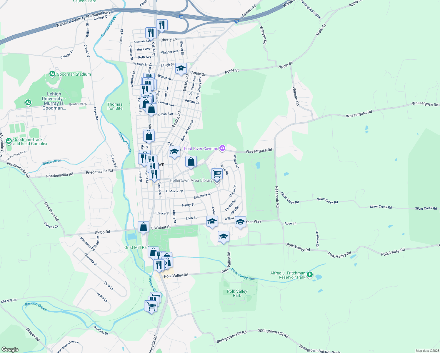map of restaurants, bars, coffee shops, grocery stores, and more near 456 Locust Road in Hellertown