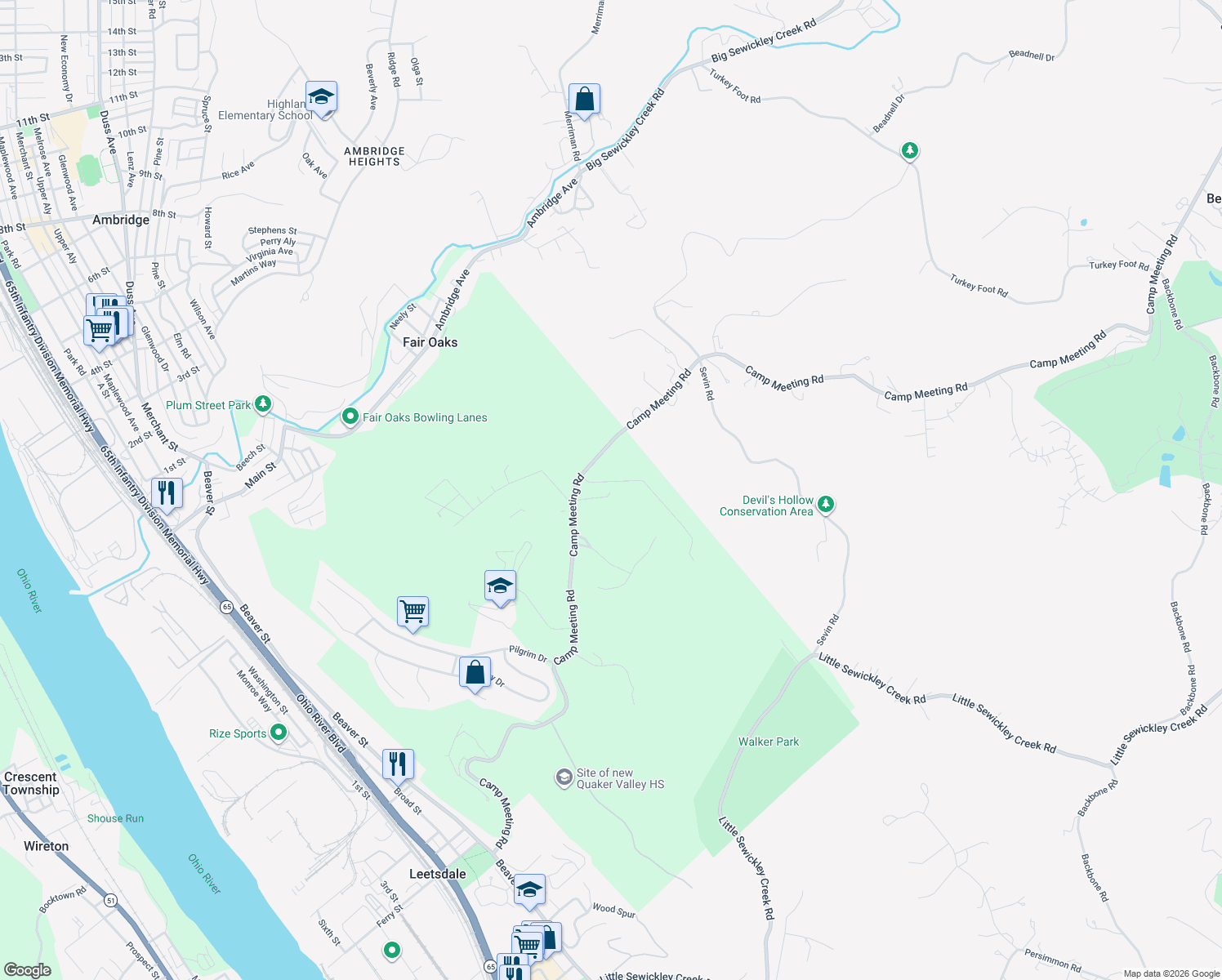 map of restaurants, bars, coffee shops, grocery stores, and more near 105 Woodham Road in Sewickley