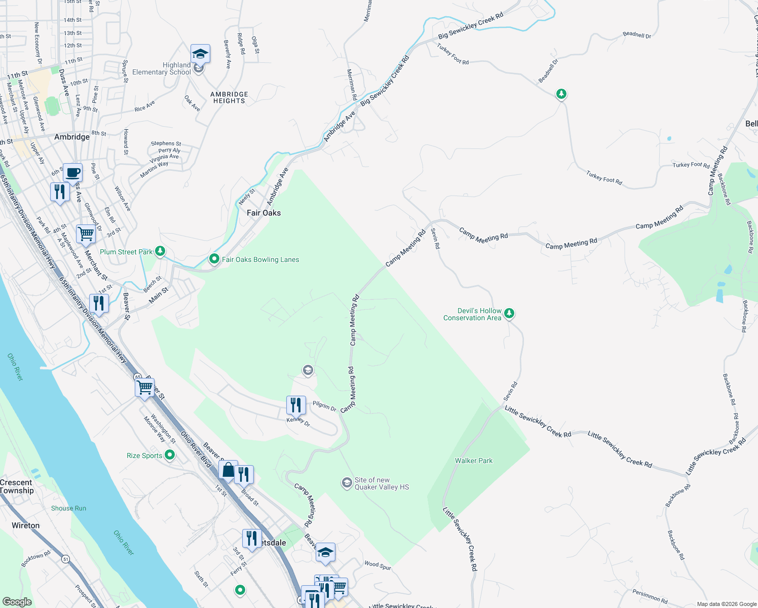 map of restaurants, bars, coffee shops, grocery stores, and more near 105 Woodham Road in Sewickley