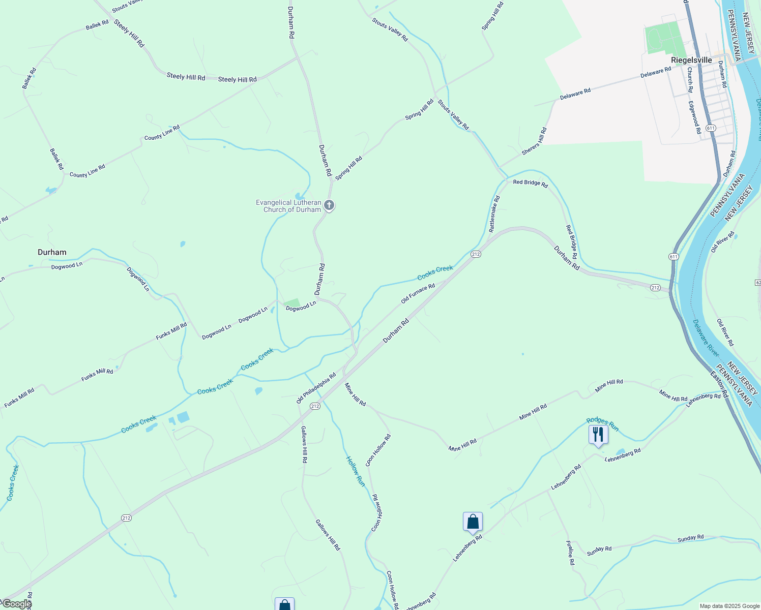 map of restaurants, bars, coffee shops, grocery stores, and more near 245 Old Furnace Road in Riegelsville