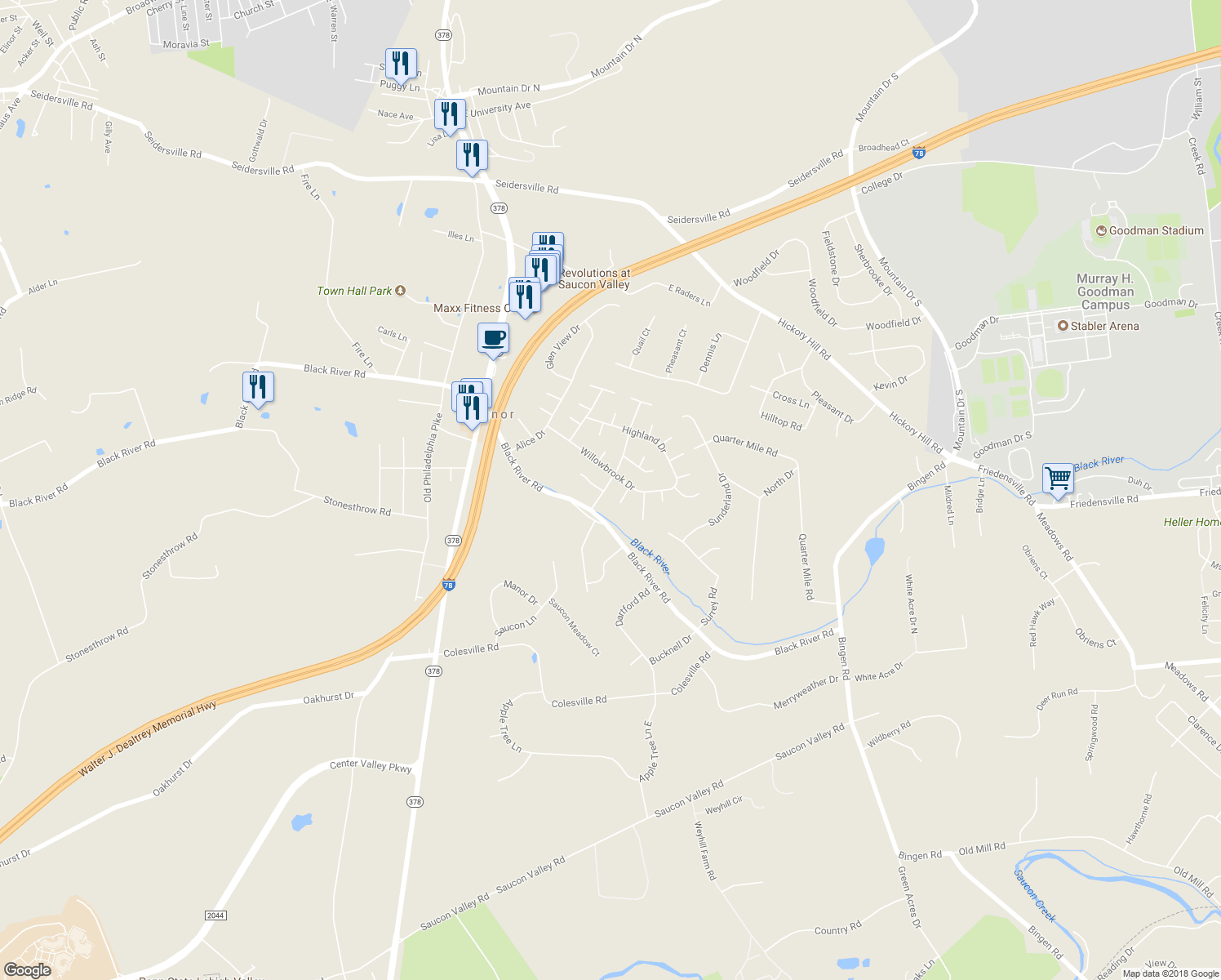 map of restaurants, bars, coffee shops, grocery stores, and more near 1977 Sanbrook Drive in Bethlehem