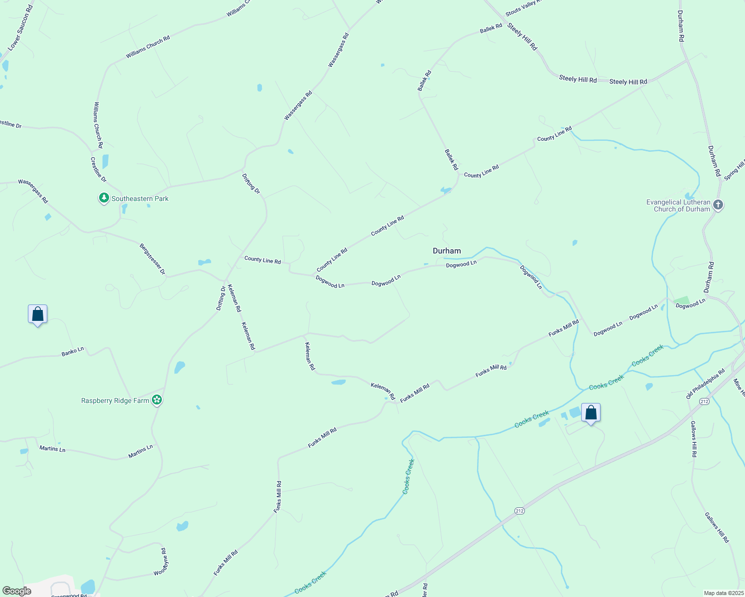 map of restaurants, bars, coffee shops, grocery stores, and more near 3626 Dogwood Lane in Riegelsville