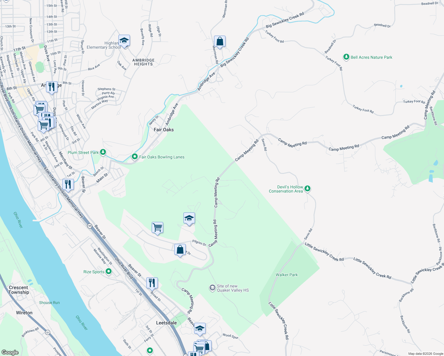 map of restaurants, bars, coffee shops, grocery stores, and more near 602 Camp Meeting Road in Sewickley