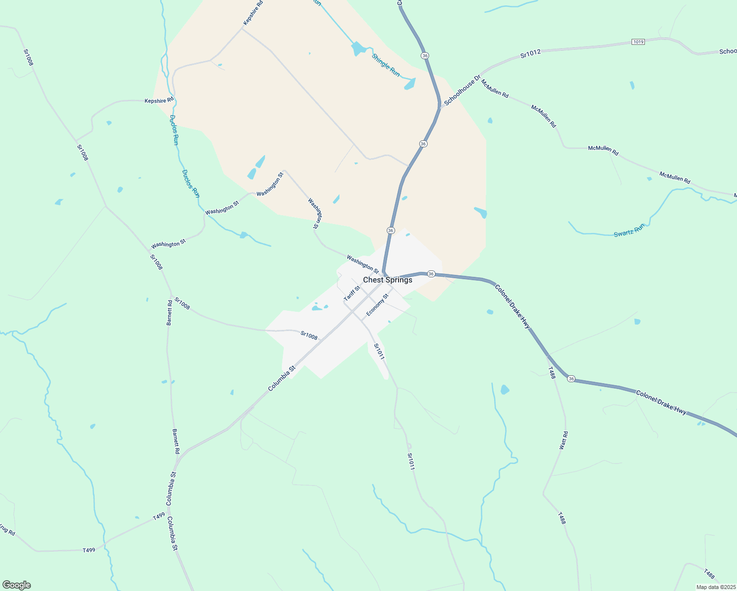 map of restaurants, bars, coffee shops, grocery stores, and more near Union Street in Chest Springs