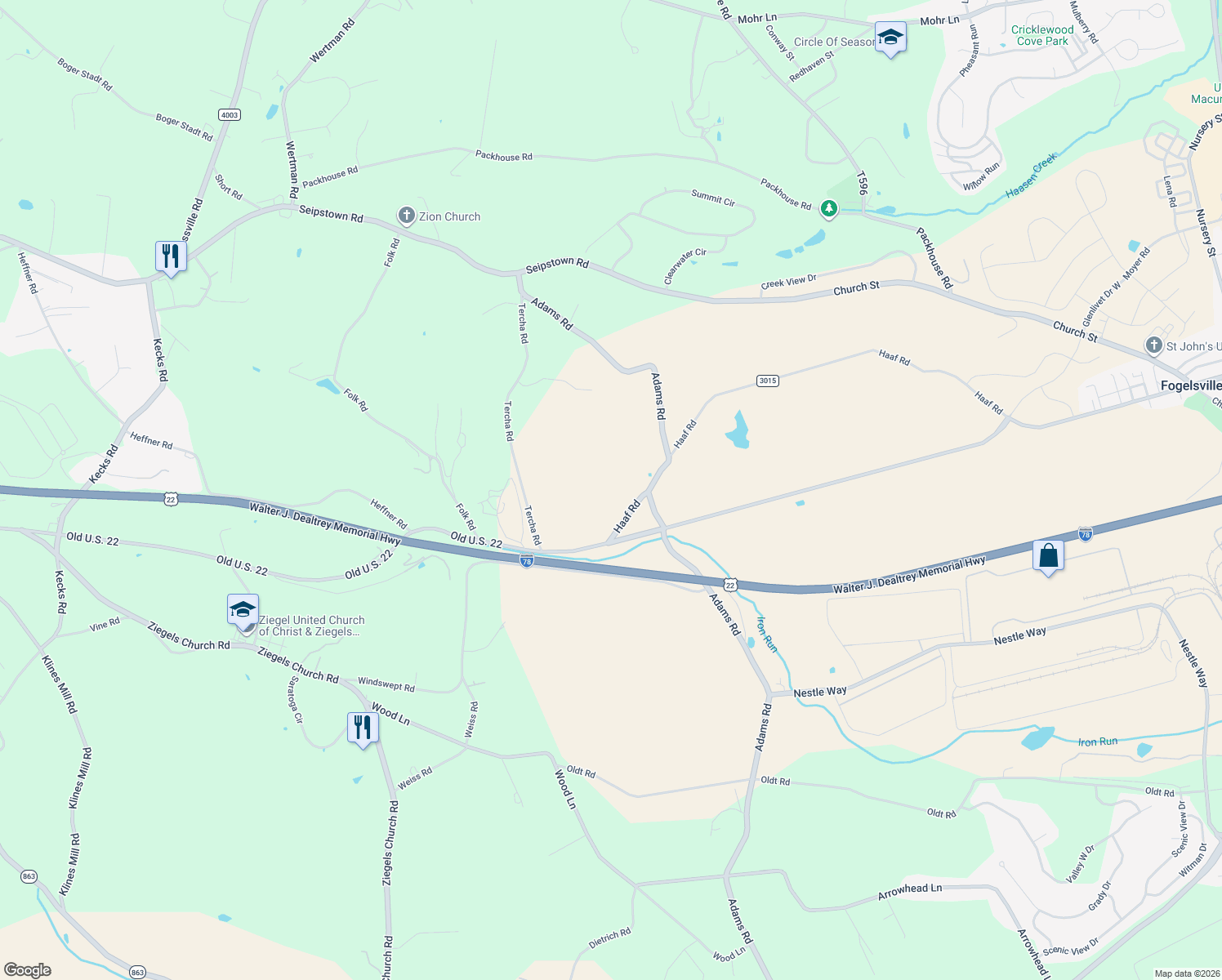 map of restaurants, bars, coffee shops, grocery stores, and more near 9367 Haaf Road in Fogelsville