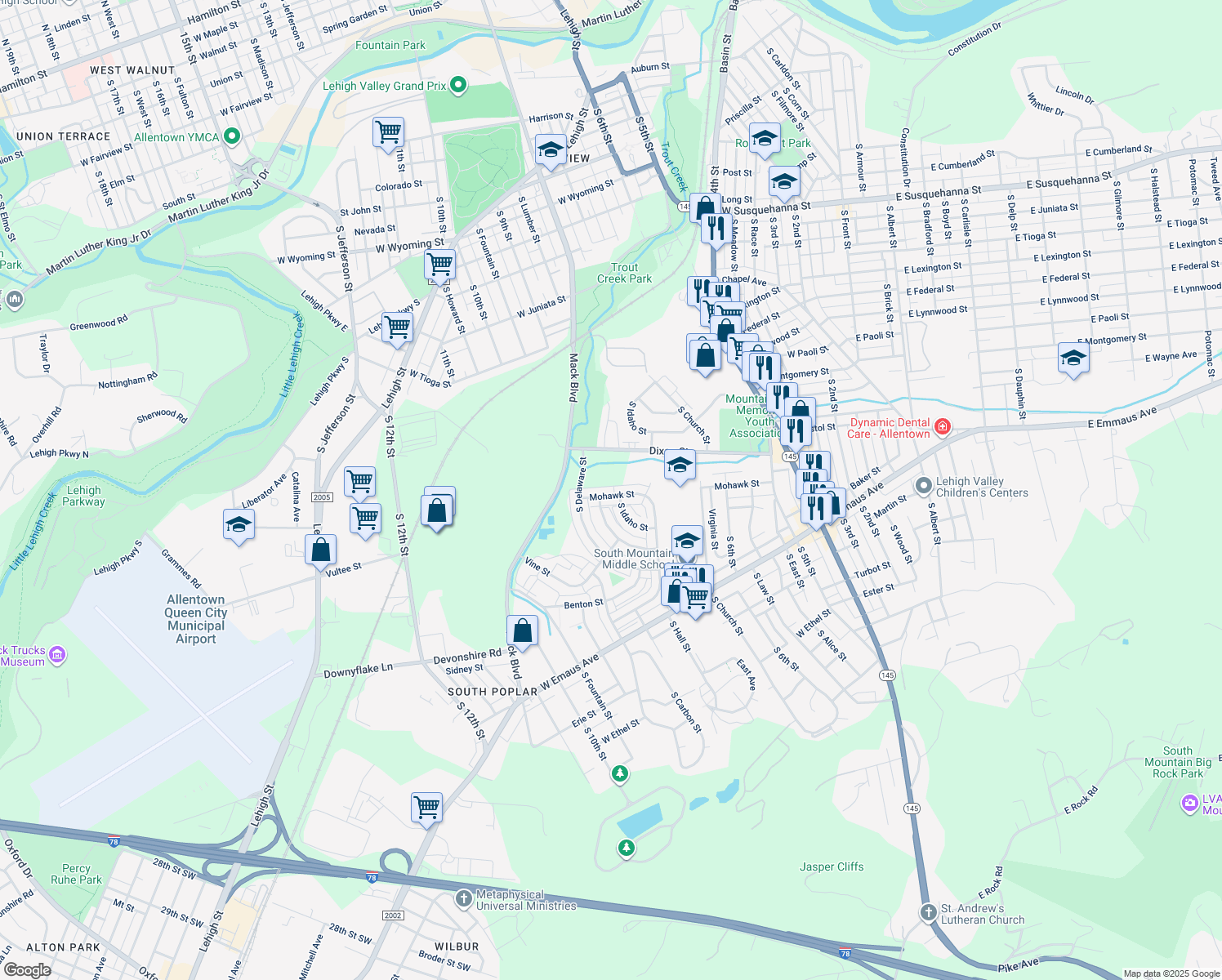 map of restaurants, bars, coffee shops, grocery stores, and more near 747 Mohawk Street in Allentown