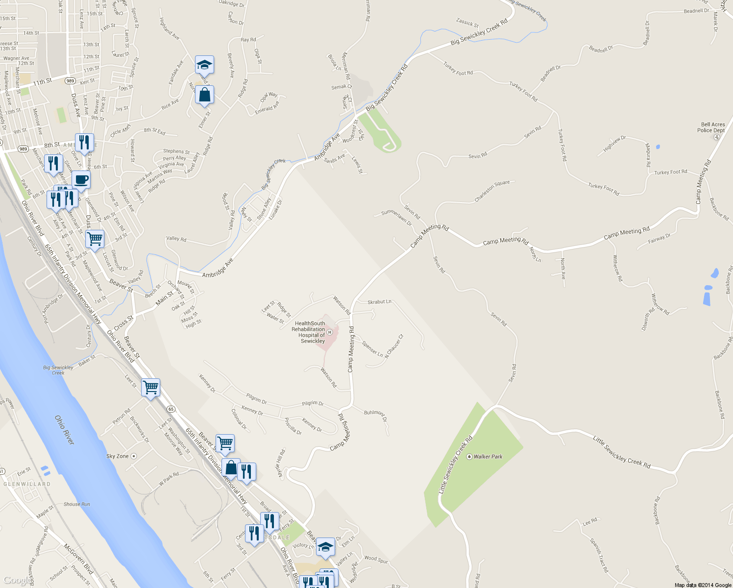 map of restaurants, bars, coffee shops, grocery stores, and more near 602 Camp Meeting Road in Sewickley