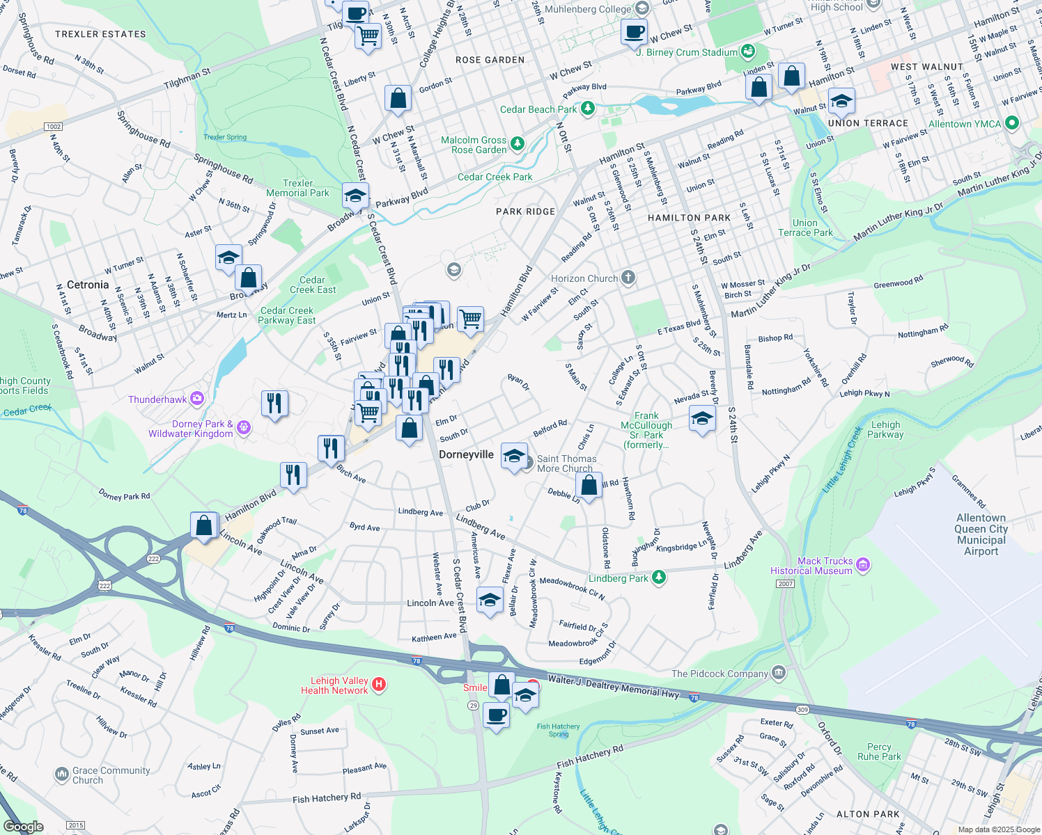 map of restaurants, bars, coffee shops, grocery stores, and more near 3003 Mosser Drive in Allentown